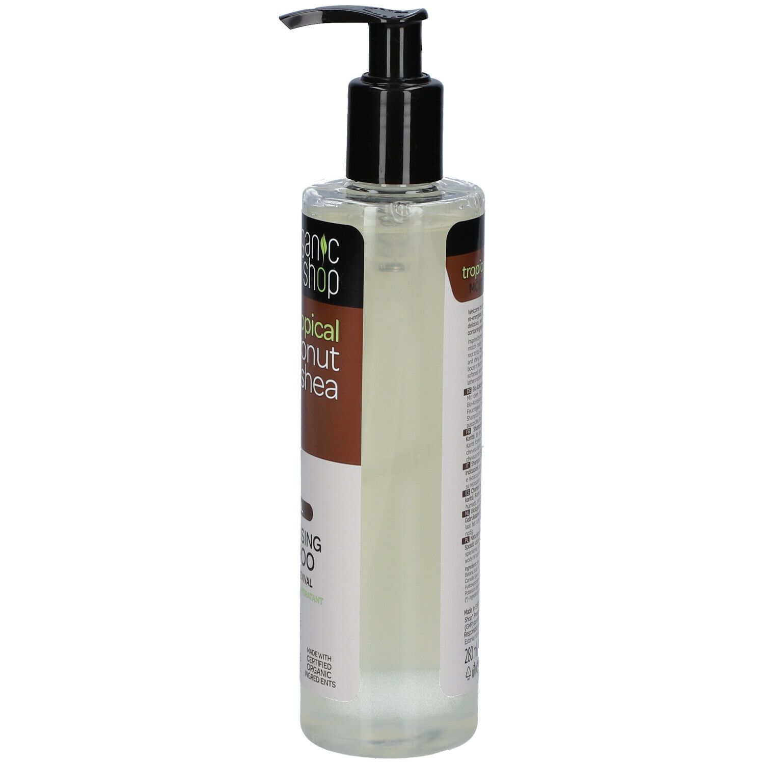 Shampoo fles met pomp. Opschrift: Organic Shop, tropical coconut & shea, Natural Moisturising Shampoo. Met afbeelding van kokosnoot.