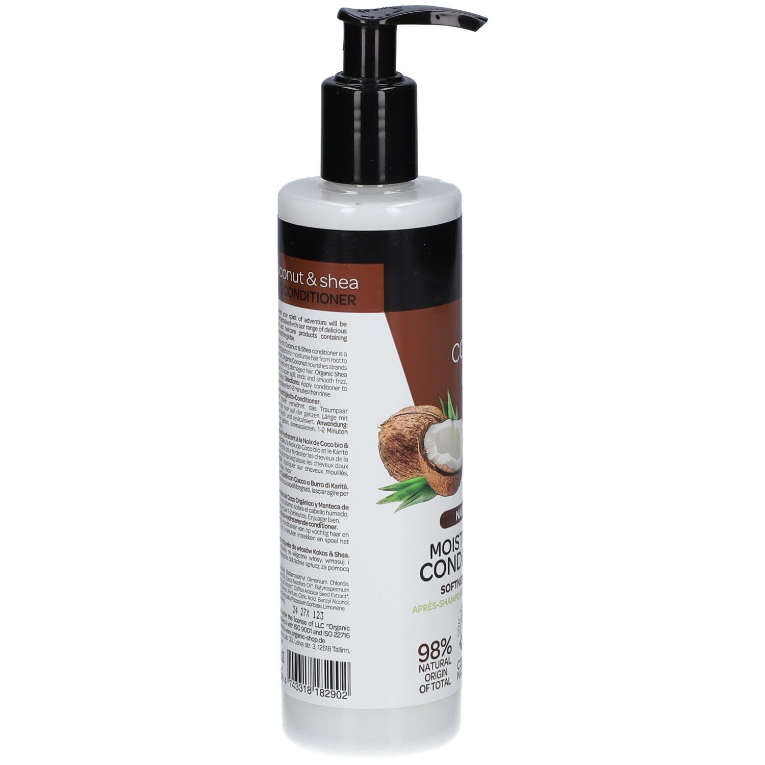 Rückseite der Conditioner-Flasche. Text: Inhaltsstoffe, Anwendungshinweise. Abbildung von Kokosnuss. 98% natürlichen Ursprungs.