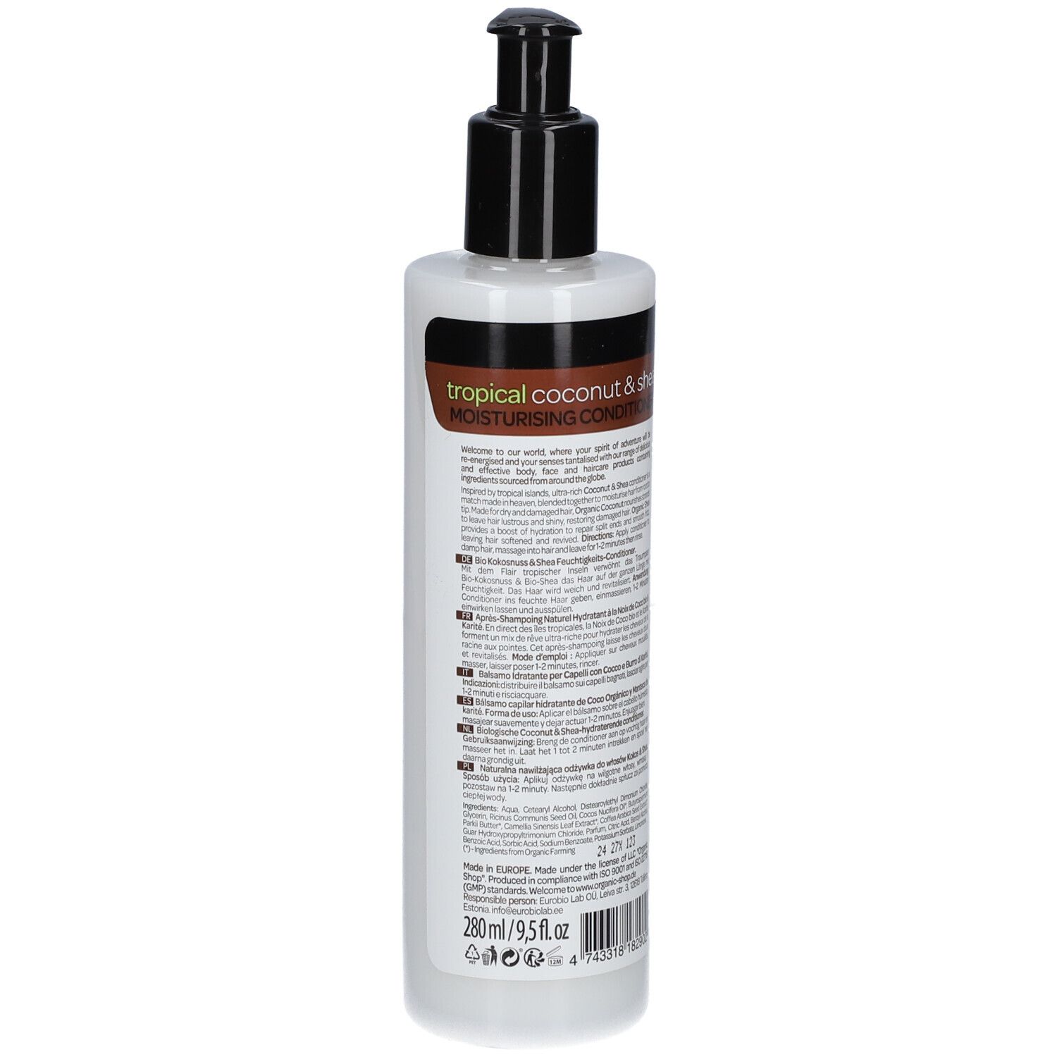Rückseite der Conditioner-Flasche. Text: Inhaltsstoffe, Anwendungshinweise. Volumen: 280 ml/9.5 fl.oz.