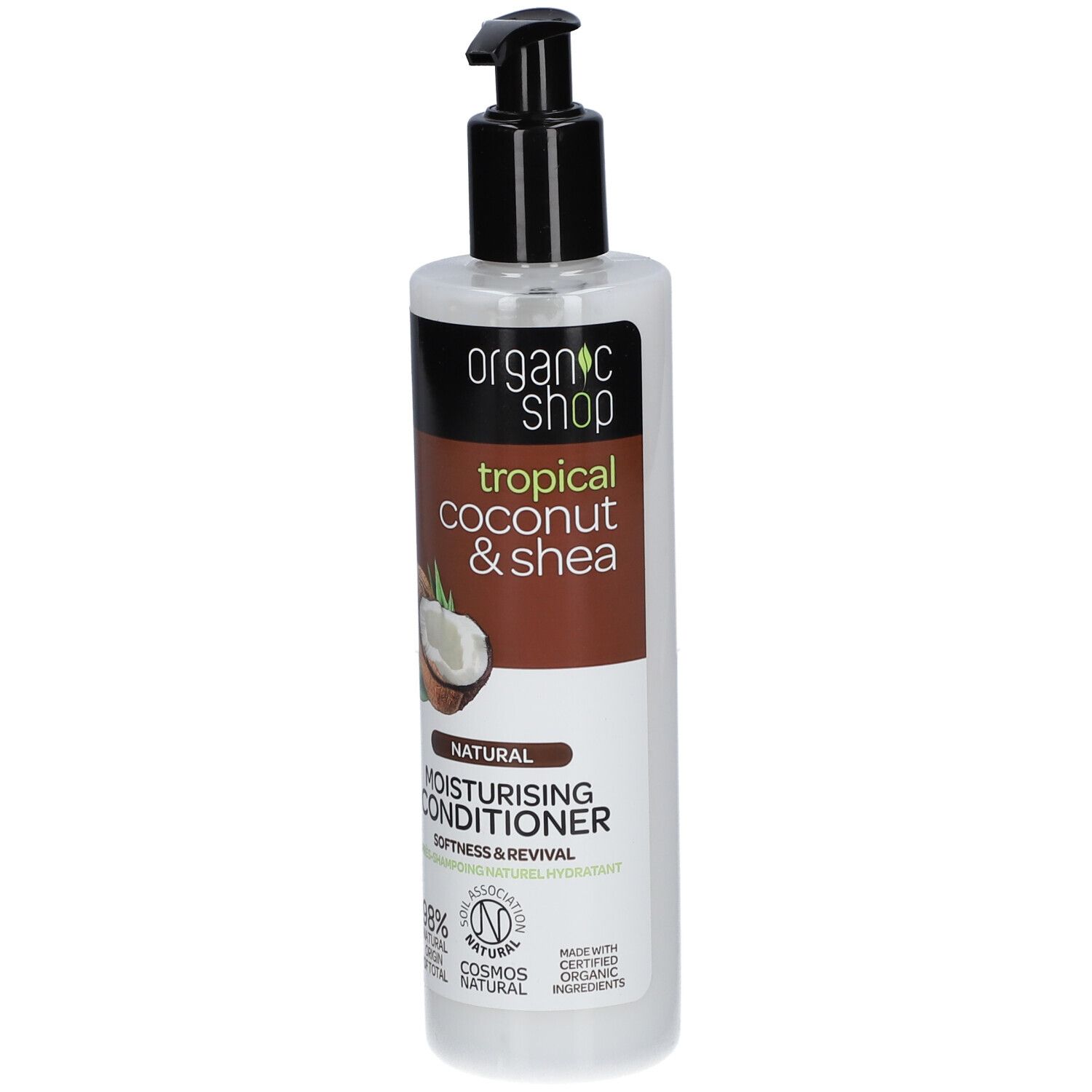 Flasche mit Conditioner. Aufschrift: Organic Shop, tropical coconut & shea, Natural Moisturising Conditioner. Kokosnuss-Abbildung.