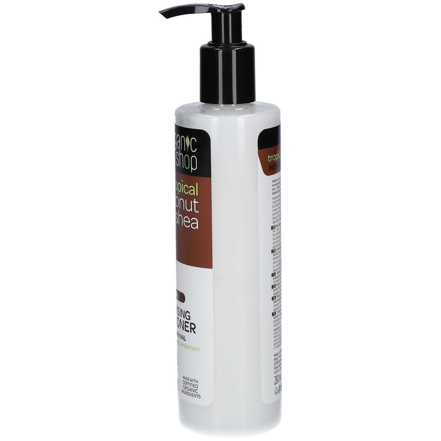 Flasche mit Conditioner. Aufschrift: Organic Shop, tropical coconut & shea, Natural Moisturising Conditioner. Seitenansicht.