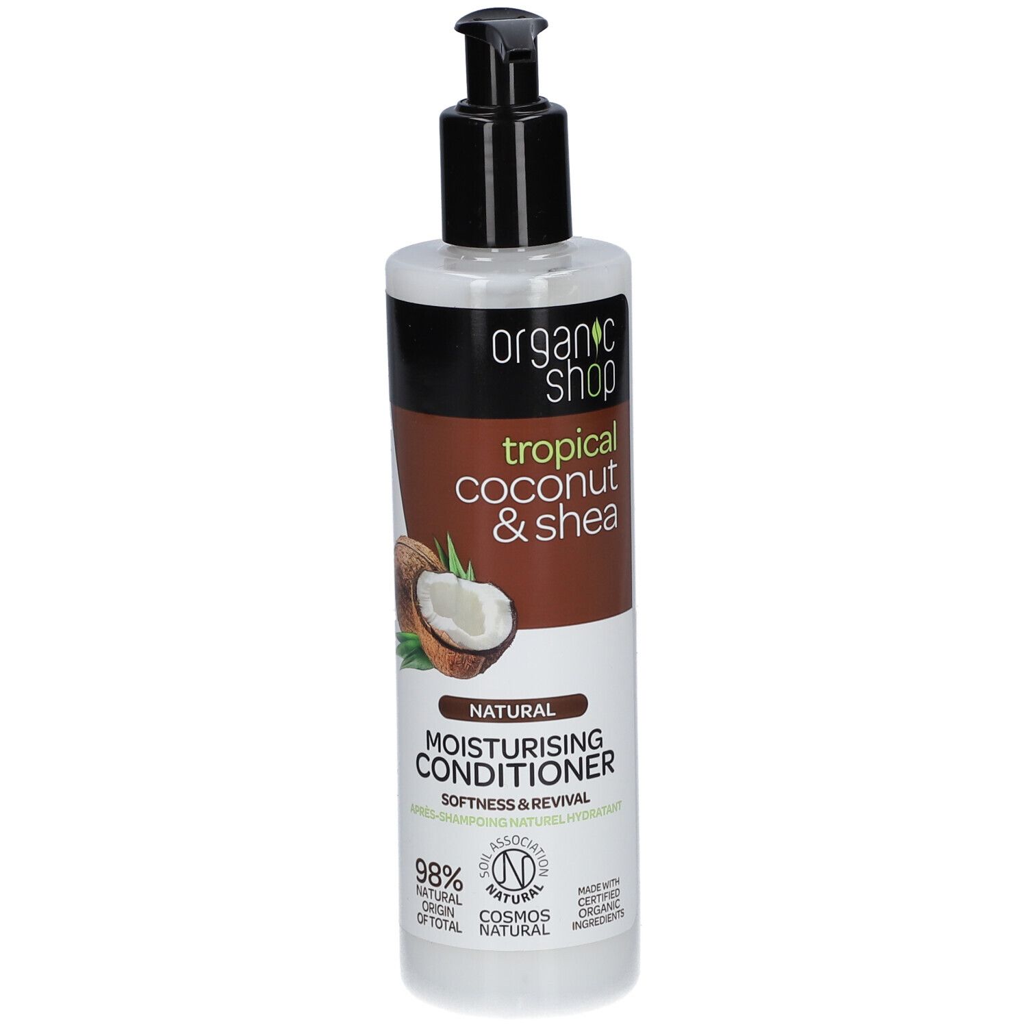 Flasche mit Conditioner. Aufschrift: Organic Shop, tropical coconut & shea, Natural Moisturising Conditioner. Kokosnuss-Abbildung.
