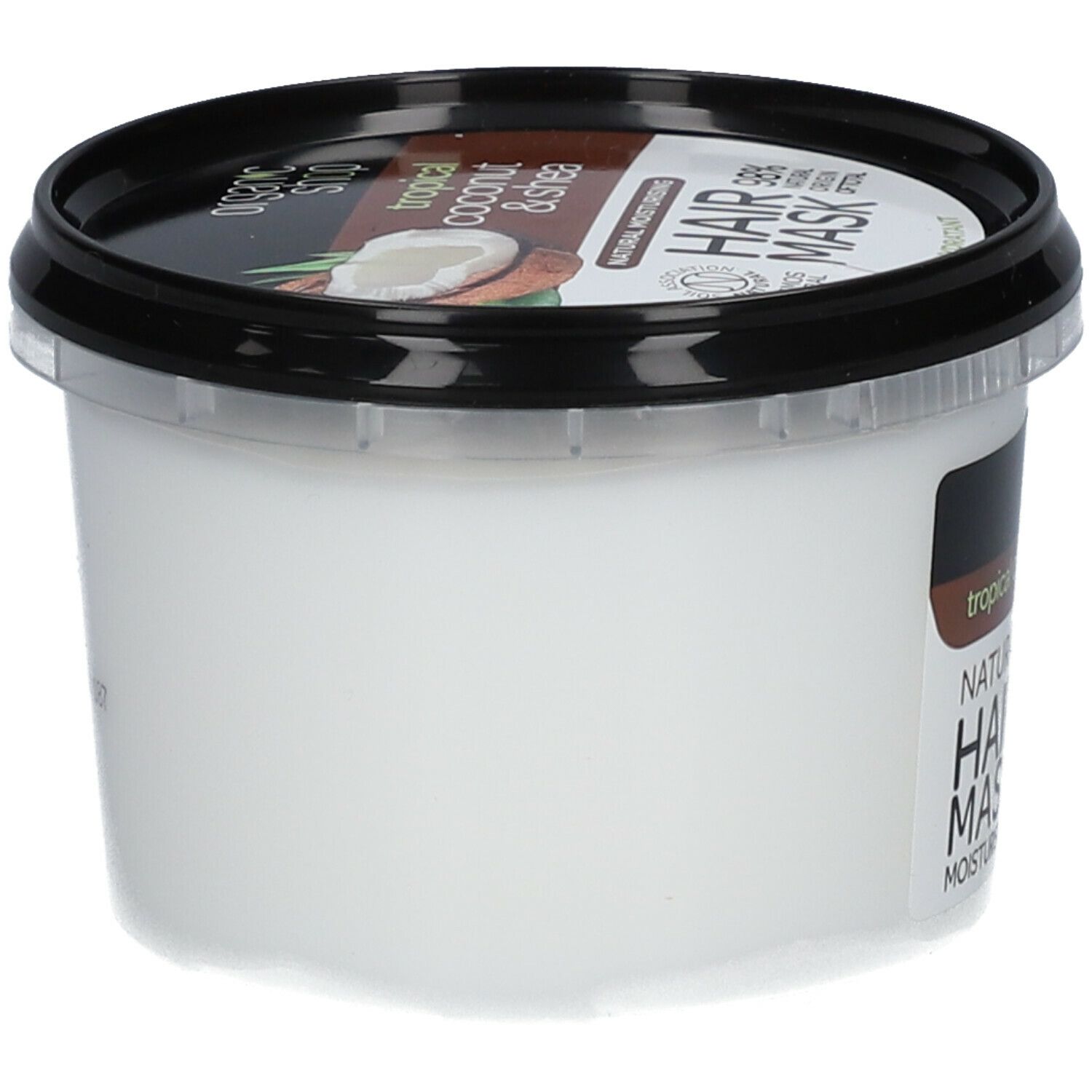 Pot blanc avec couvercle noir. Inscription : "organic shop", "tropical coconut & shea", "Natural Hair Mask".
