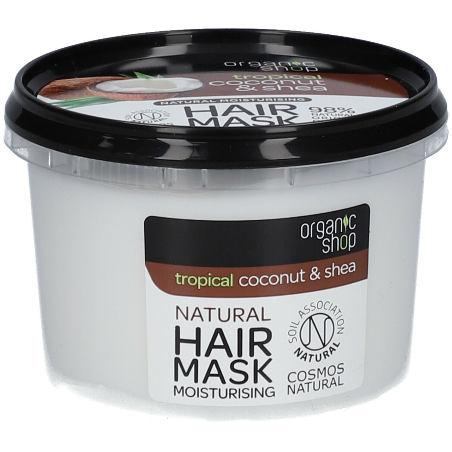 Pot blanc avec couvercle noir. Inscription : "organic shop", "tropical coconut & shea", "Natural Hair Mask". Label : Cosmos Natural.