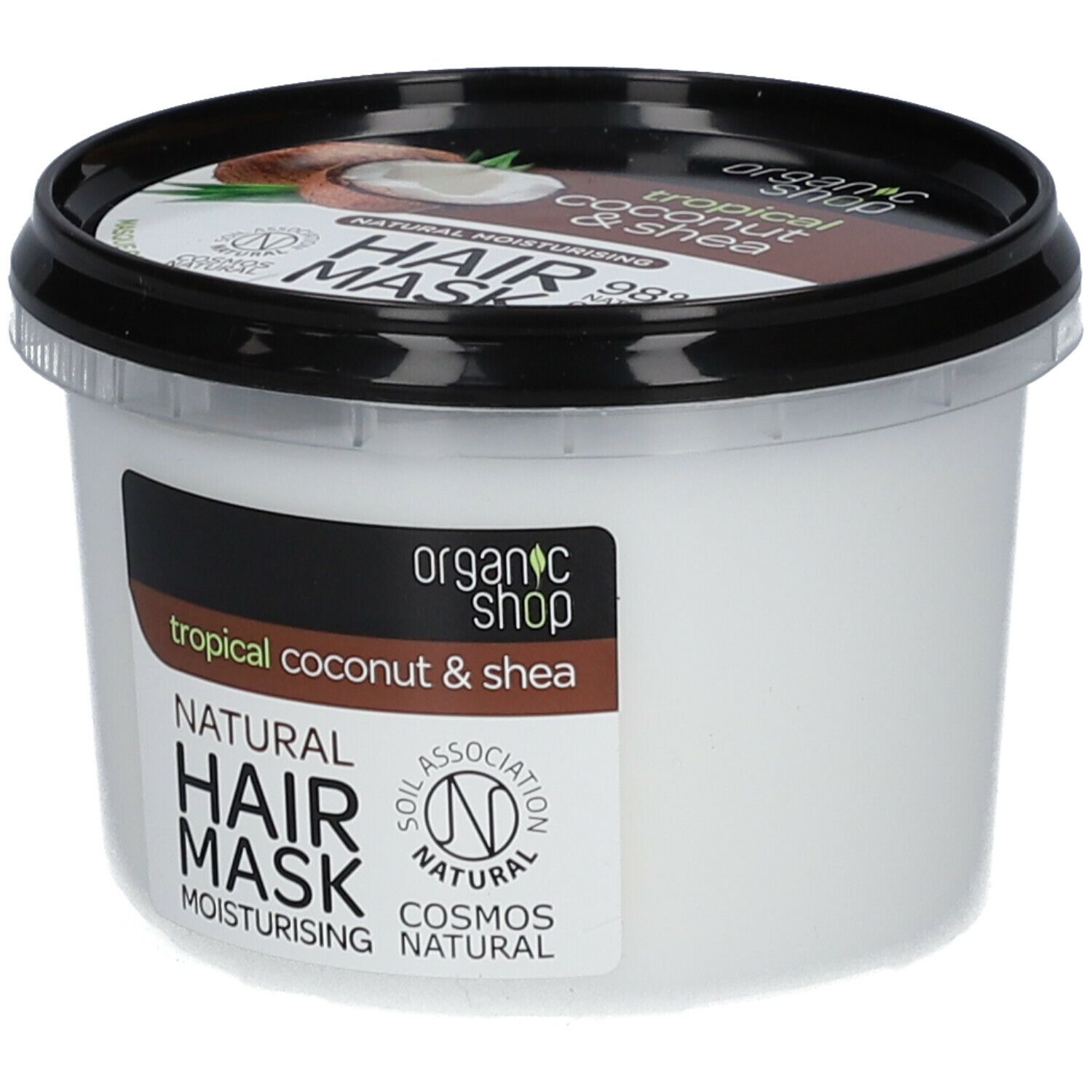 Pot blanc avec couvercle noir. Inscription : "organic shop", "tropical coconut & shea", "Natural Hair Mask". Label : Cosmos Natural.
