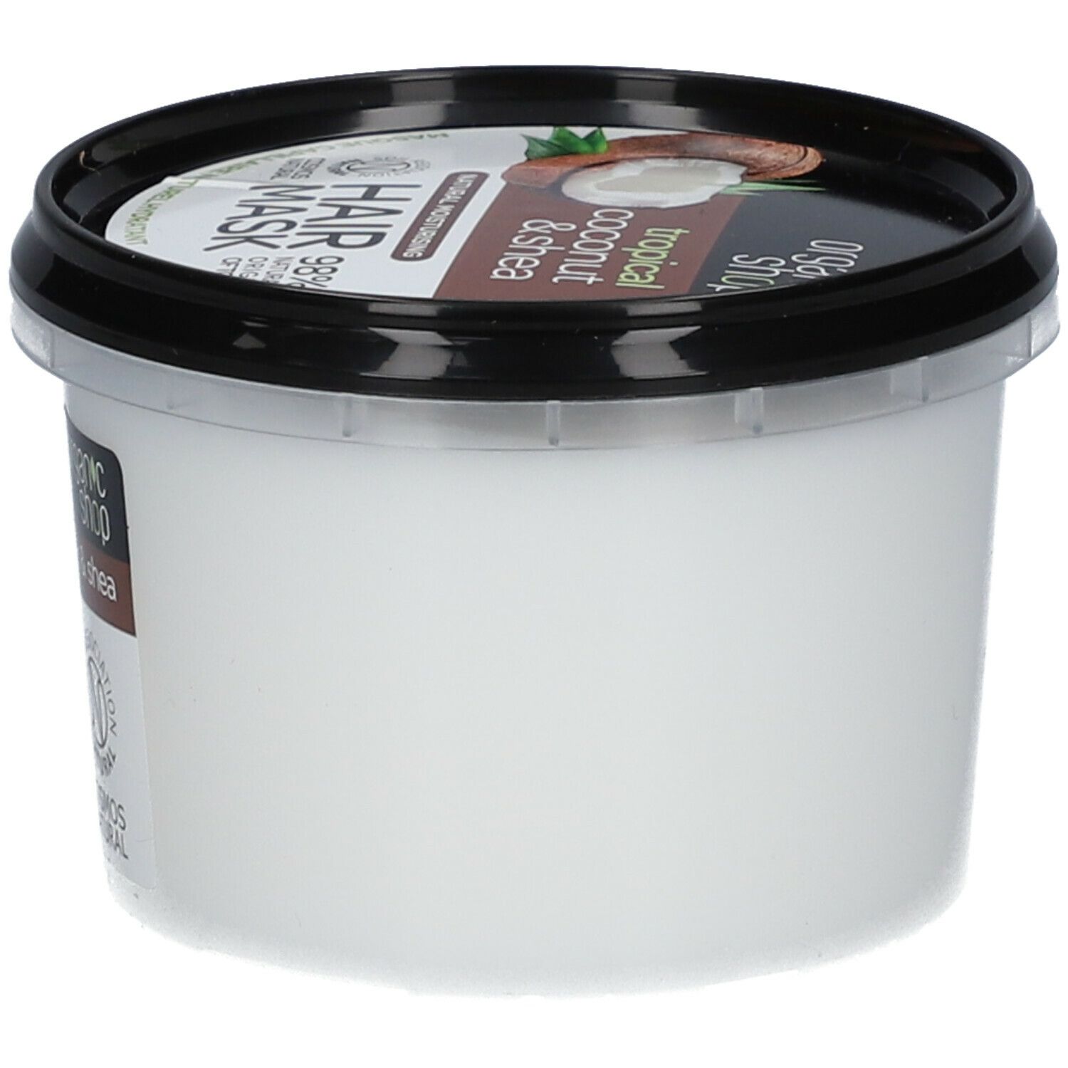 Pot blanc avec couvercle noir. Inscription : "organic shop", "tropical coconut & shea", "Hair Mask".