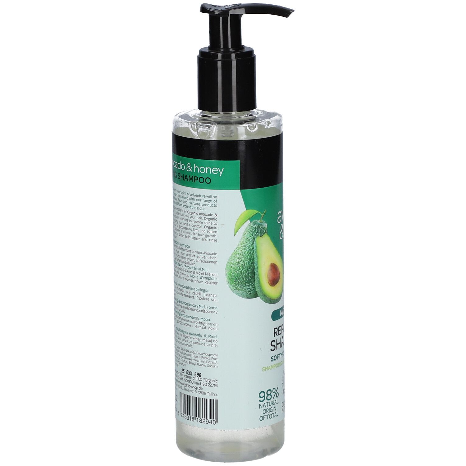 Rückseite der Shampoo-Flasche. Textinformationen auf grün-weißem Etikett. Avocado-Illustration. Schwarzer Pumpkopf.