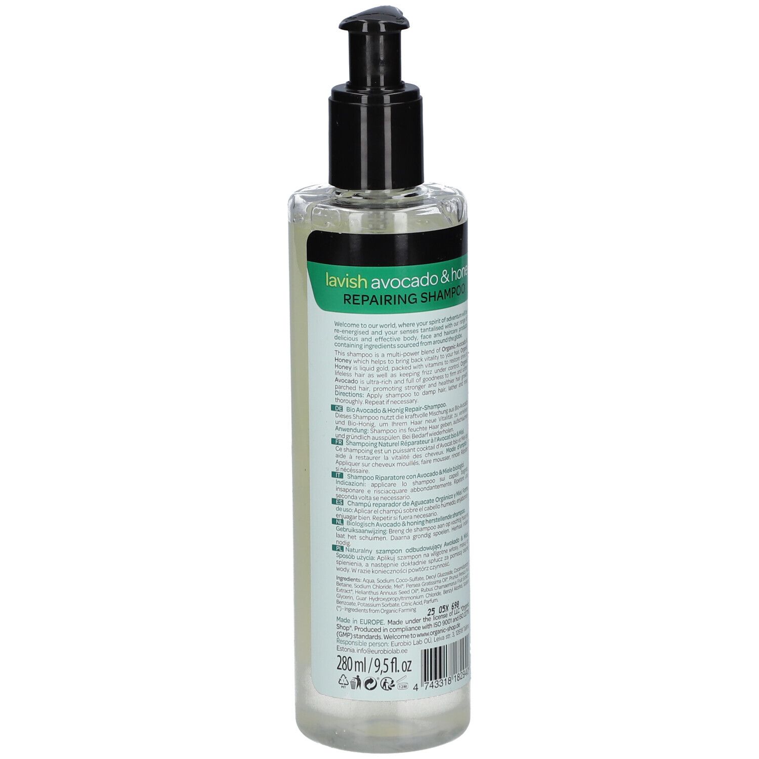 Rückseite der Shampoo-Flasche. Textinformationen auf grün-weißem Etikett. Schwarzer Pumpkopf. Volumenangabe: 280ml.