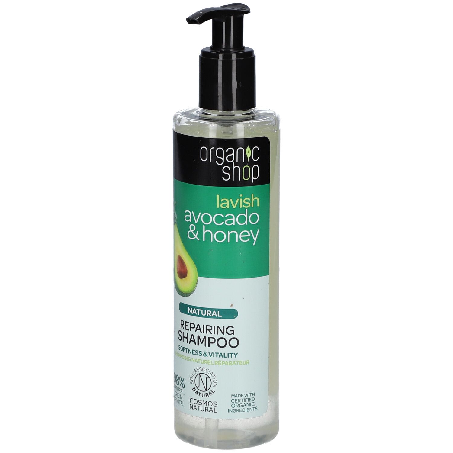 Shampoo-Flasche mit Avocado- und Honig-Etikett. Schwarzer Pumpkopf. Grün-weißes Etikett mit Produktnamen und Logo.