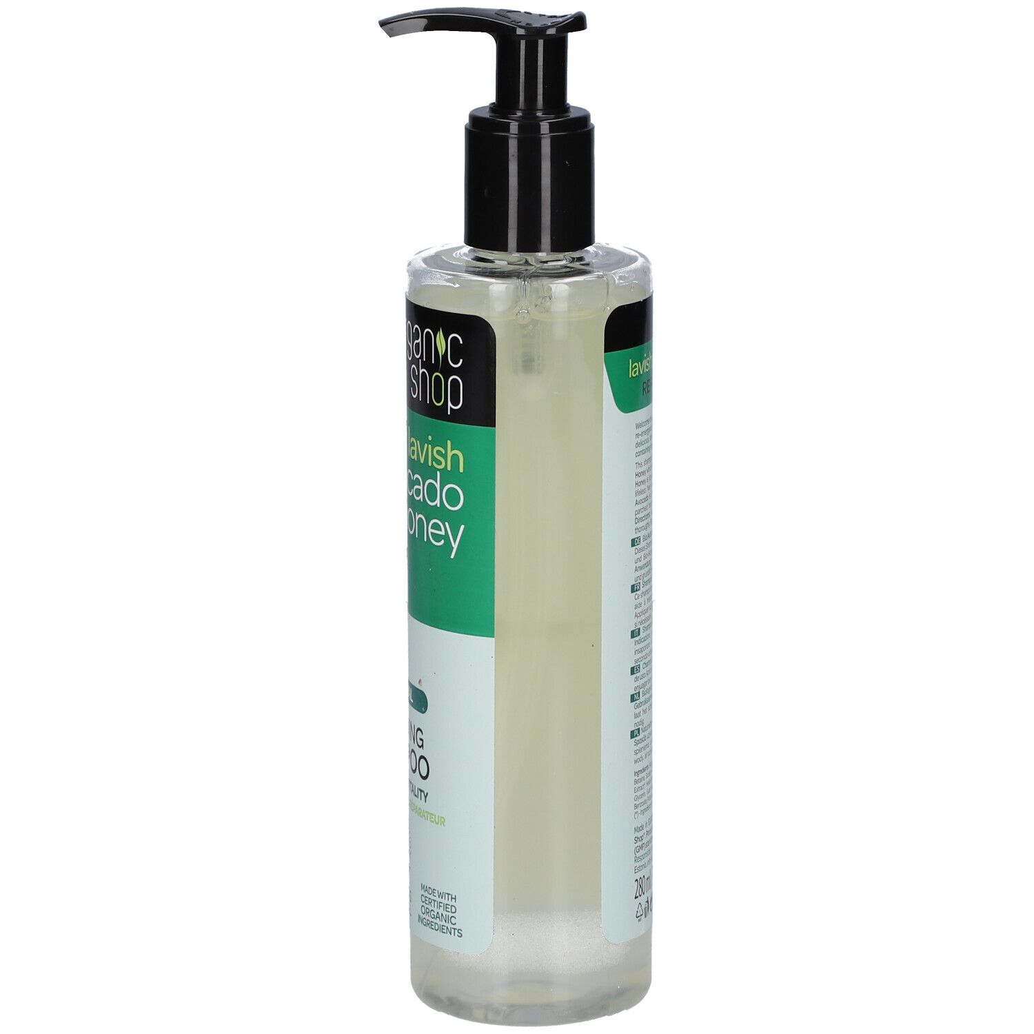 Shampoo-Flasche mit Avocado- und Honig-Etikett. Schwarzer Pumpkopf. Grün-weißes Etikett mit Produktnamen und Logo.