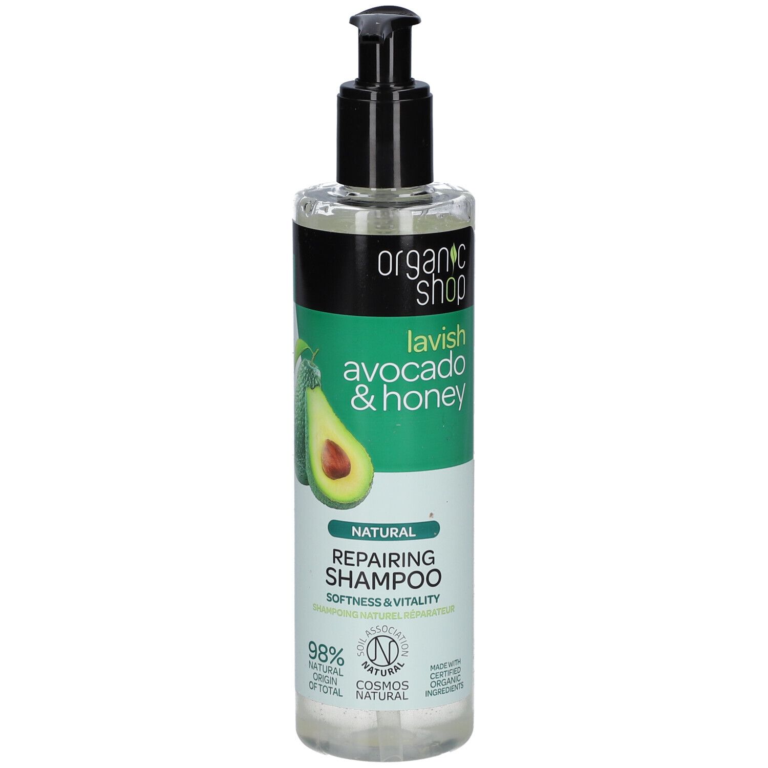 Shampoo-Flasche mit Avocado- und Honig-Etikett. Schwarzer Pumpkopf. Grün-weißes Etikett mit Produktnamen und Logo.