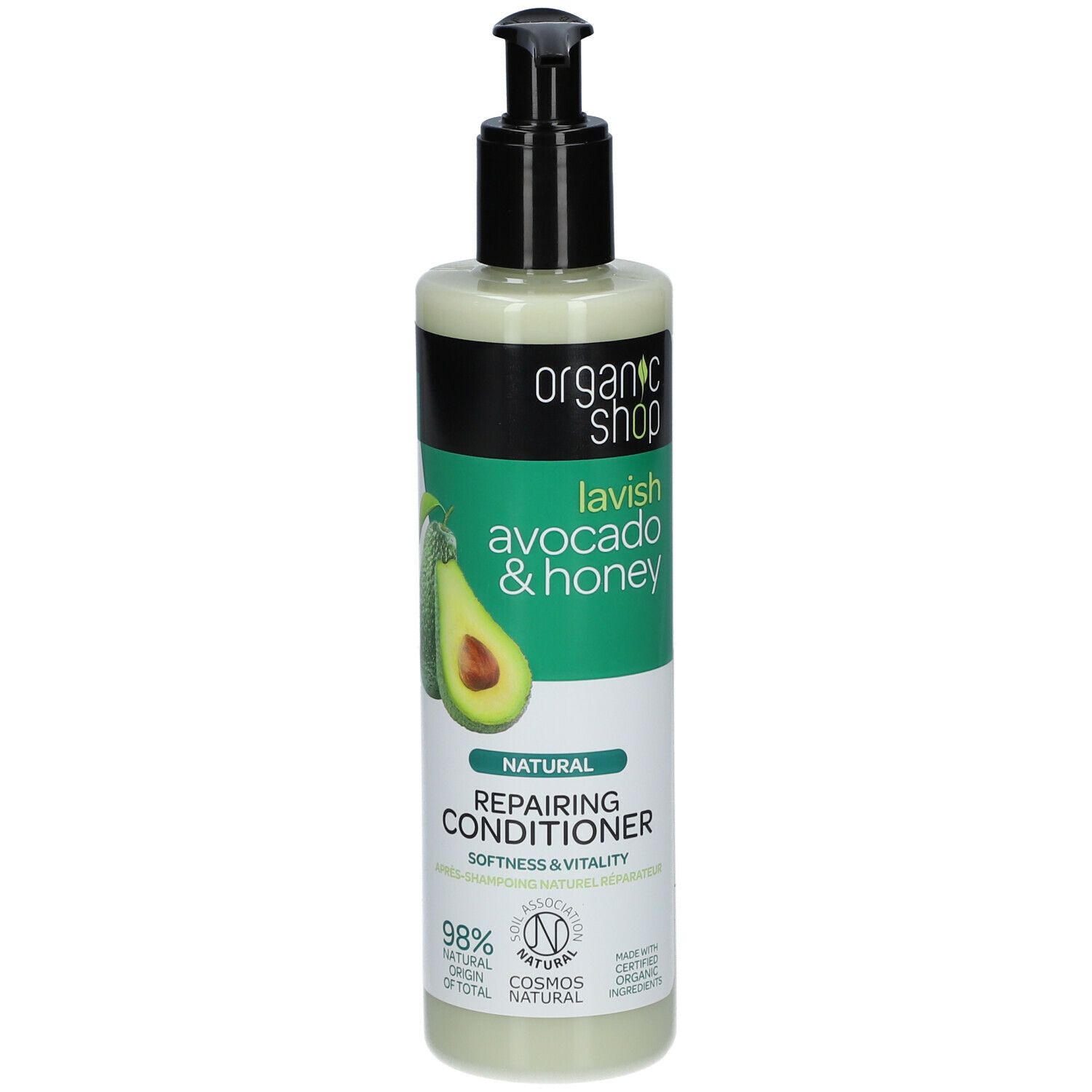 Groene fles met zwarte pomp. Opschrift: Organic Shop, Lavish Avocado & Honey, Repairing Conditioner. Met avocado-afbeelding.