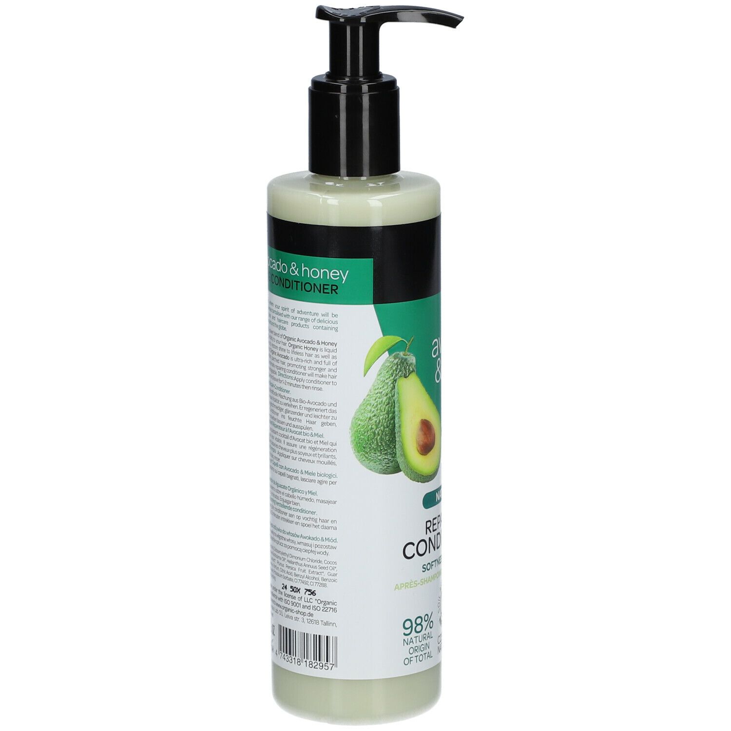 Achterkant van een groene fles met zwarte pomp. Tekst: Organic Shop, Lavish Avocado & Honey, Repairing Conditioner. Met avocado-afbeelding.