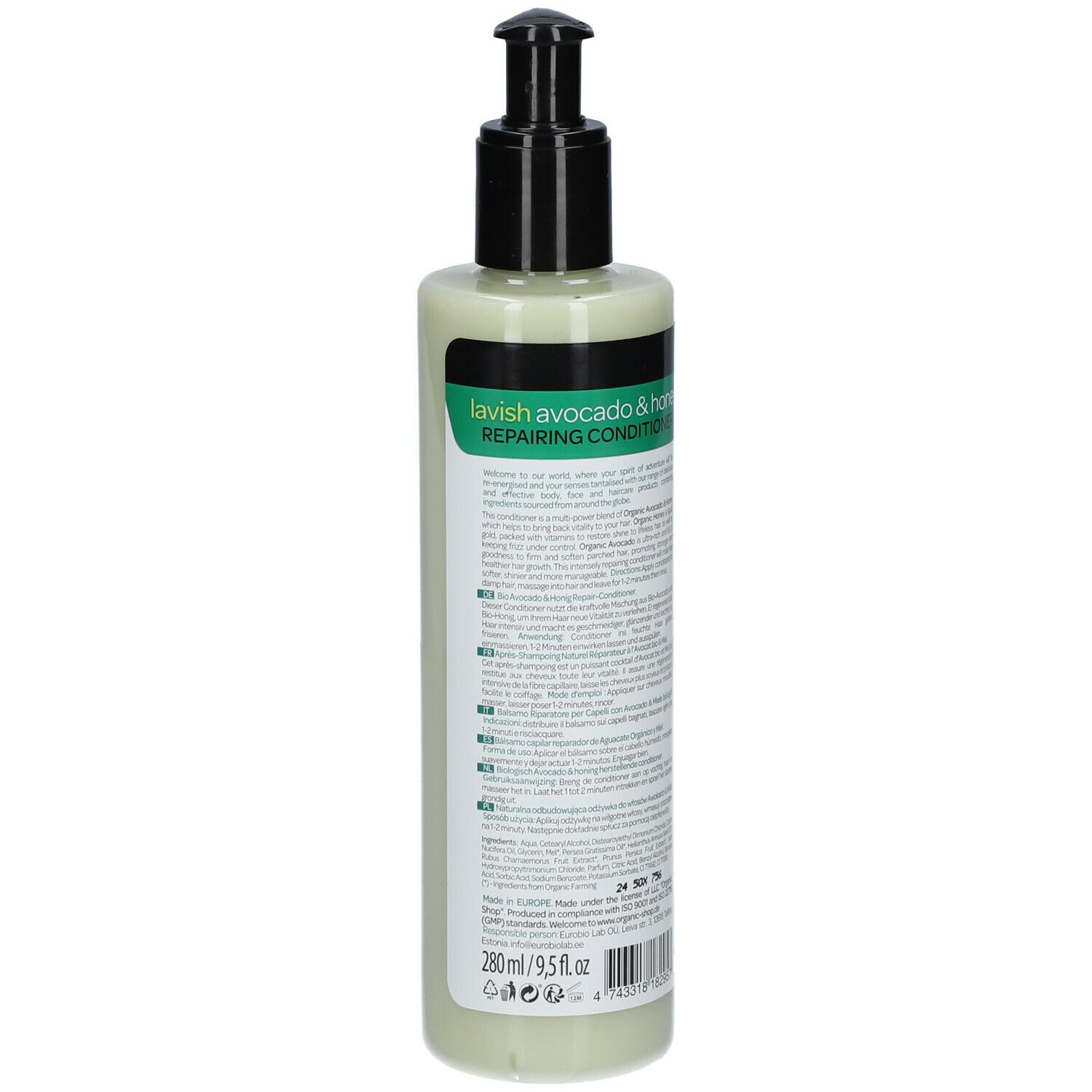 Achterkant van een groene fles met zwarte pomp. Tekst: Organic Shop, Lavish Avocado & Honey, Repairing Conditioner. Met tekst.