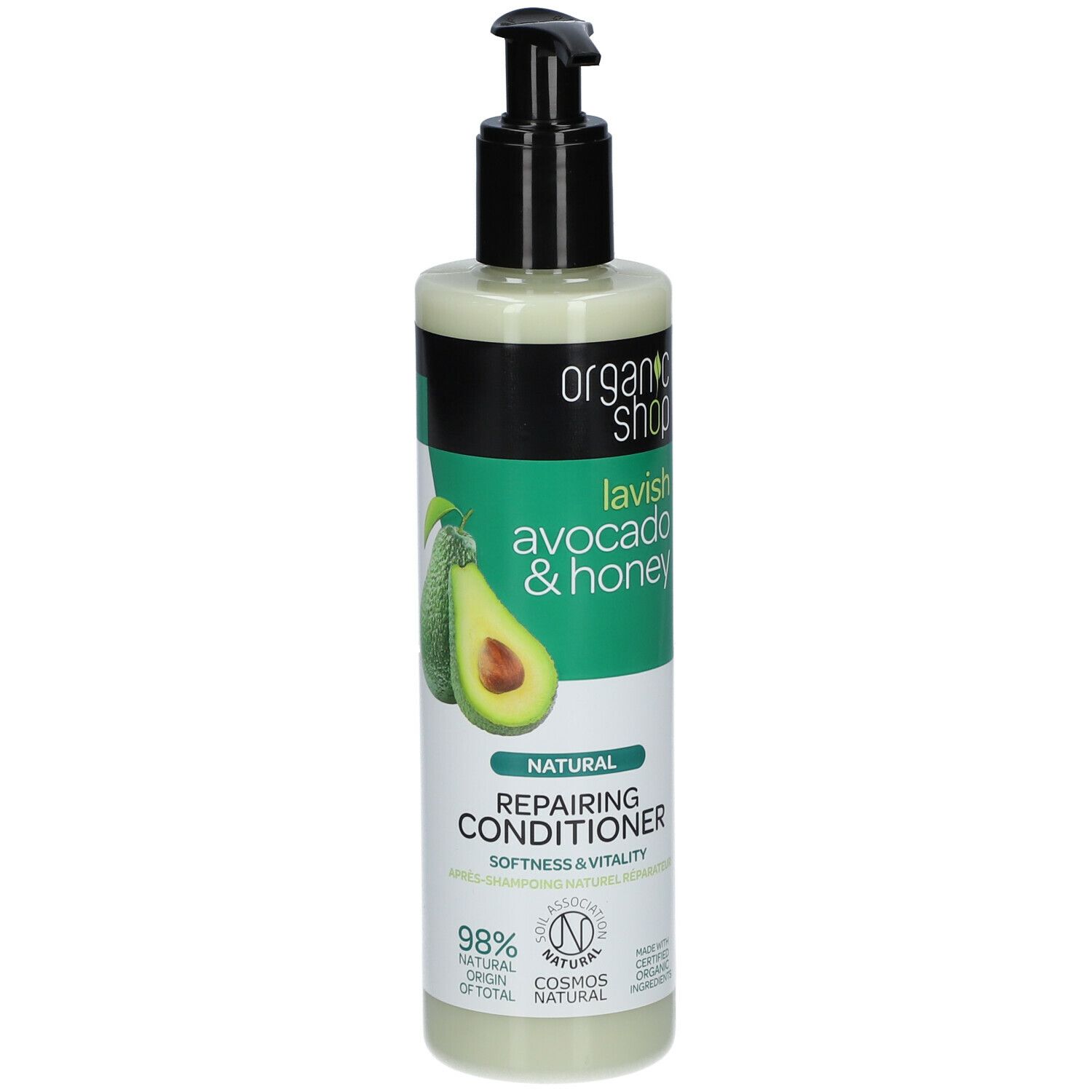 Groene fles met zwarte pomp. Opschrift: Organic Shop, Lavish Avocado & Honey, Repairing Conditioner. Met avocado-afbeelding.