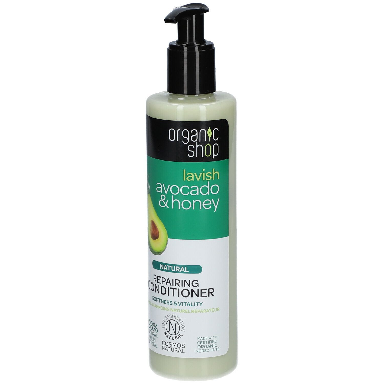 Groene fles met zwarte pomp. Opschrift: Organic Shop, Lavish Avocado & Honey, Repairing Conditioner. Met avocado-afbeelding.