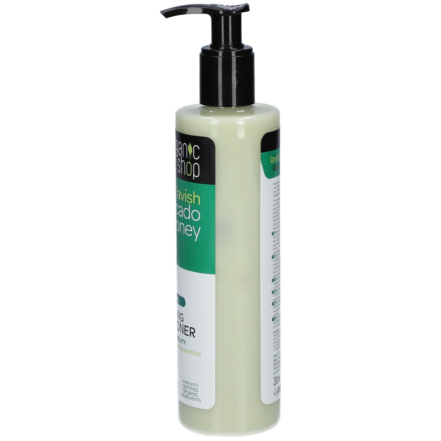 Groene fles met zwarte pomp. Opschrift: Organic Shop, Lavish Avocado & Honey, Repairing Conditioner. Met tekst.
