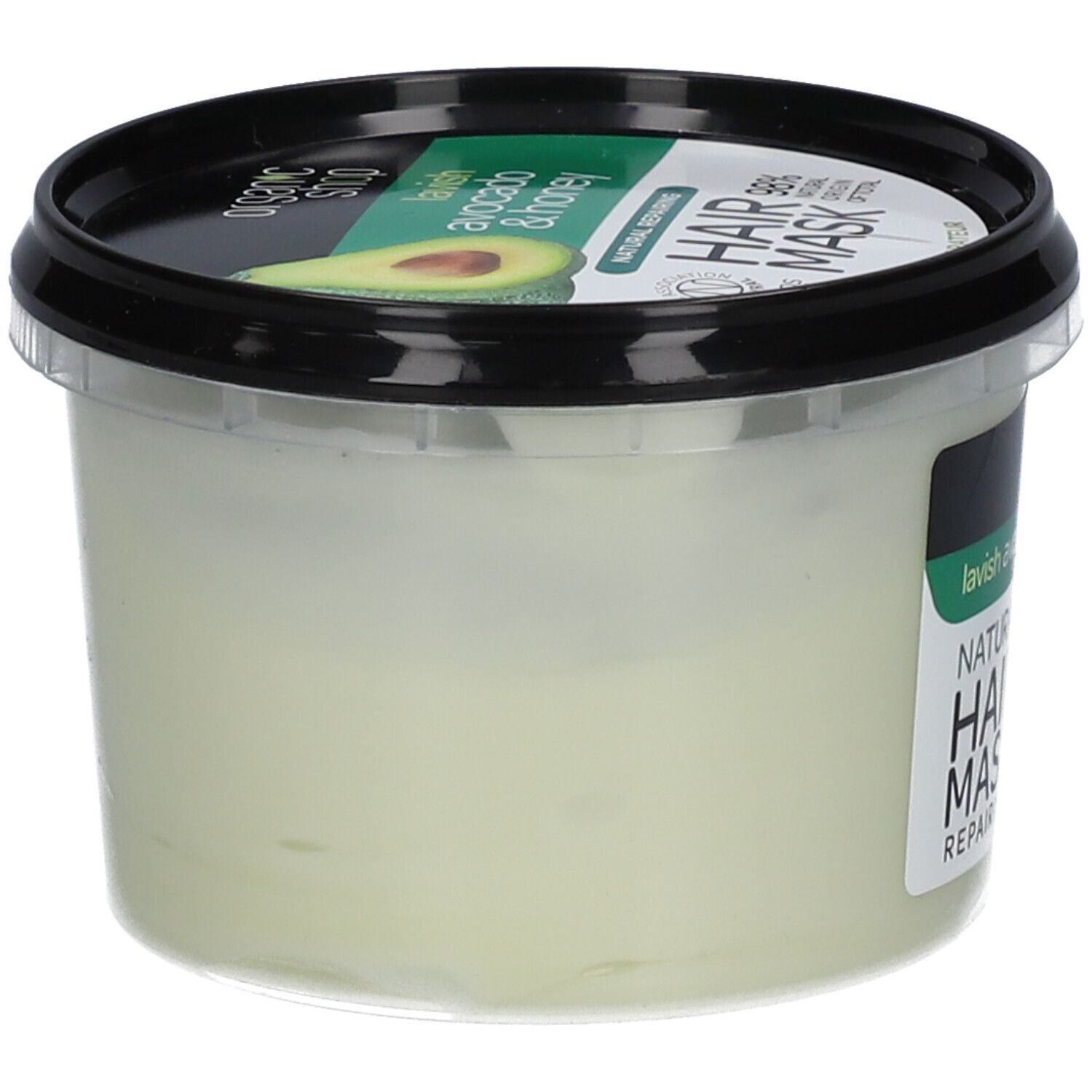Behälter mit Haarmaske. Aufschrift: Organic Shop, Natural Hair Mask, Avocado & Honey. Siegel: Cosmos Natural.