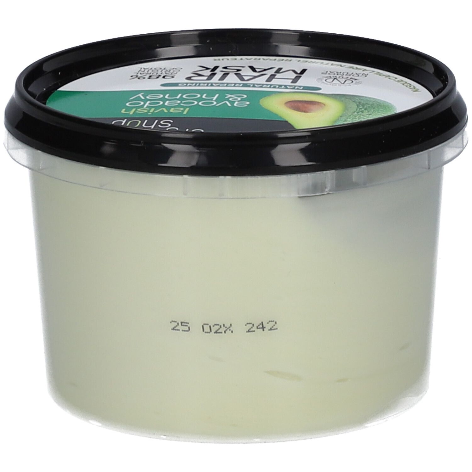 Behälter mit Haarmaske. Aufschrift: Organic Shop, Natural Hair Mask, Avocado & Honey. Siegel: Cosmos Natural. Datumsangabe.