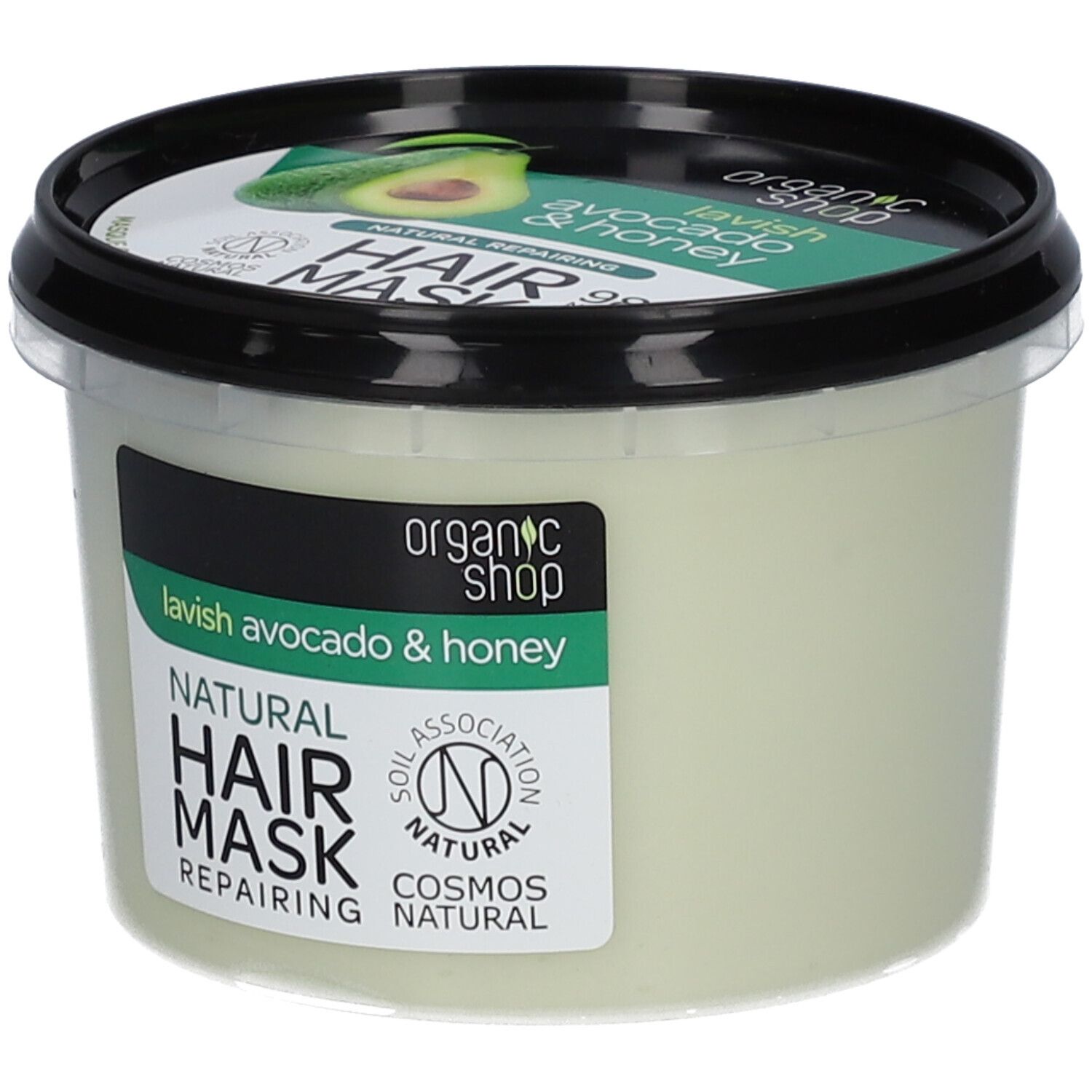 Behälter mit Haarmaske. Aufschrift: Organic Shop, Natural Hair Mask, Avocado & Honey. Siegel: Cosmos Natural.