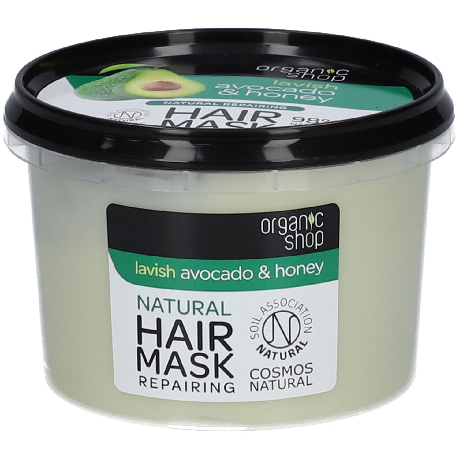 Behälter mit Haarmaske. Aufschrift: Organic Shop, Natural Hair Mask, Avocado & Honey. Siegel: Cosmos Natural.