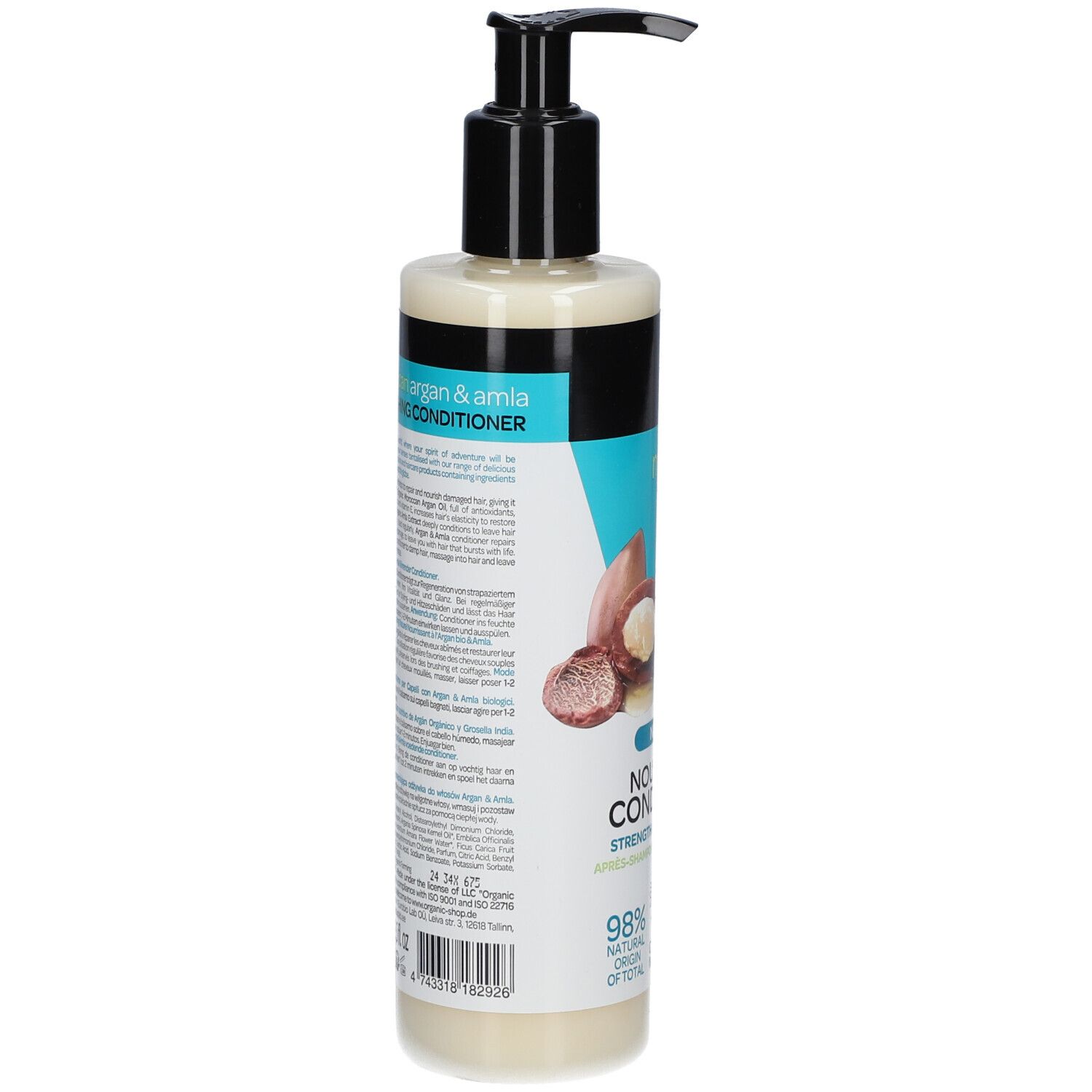 Rückseite der Conditioner-Flasche. Text mit Produktinformationen. Schwarzer Pumpverschluss. Aufschrift: Nourishing Conditioner. 98% natürliche Inhaltsstoffe.