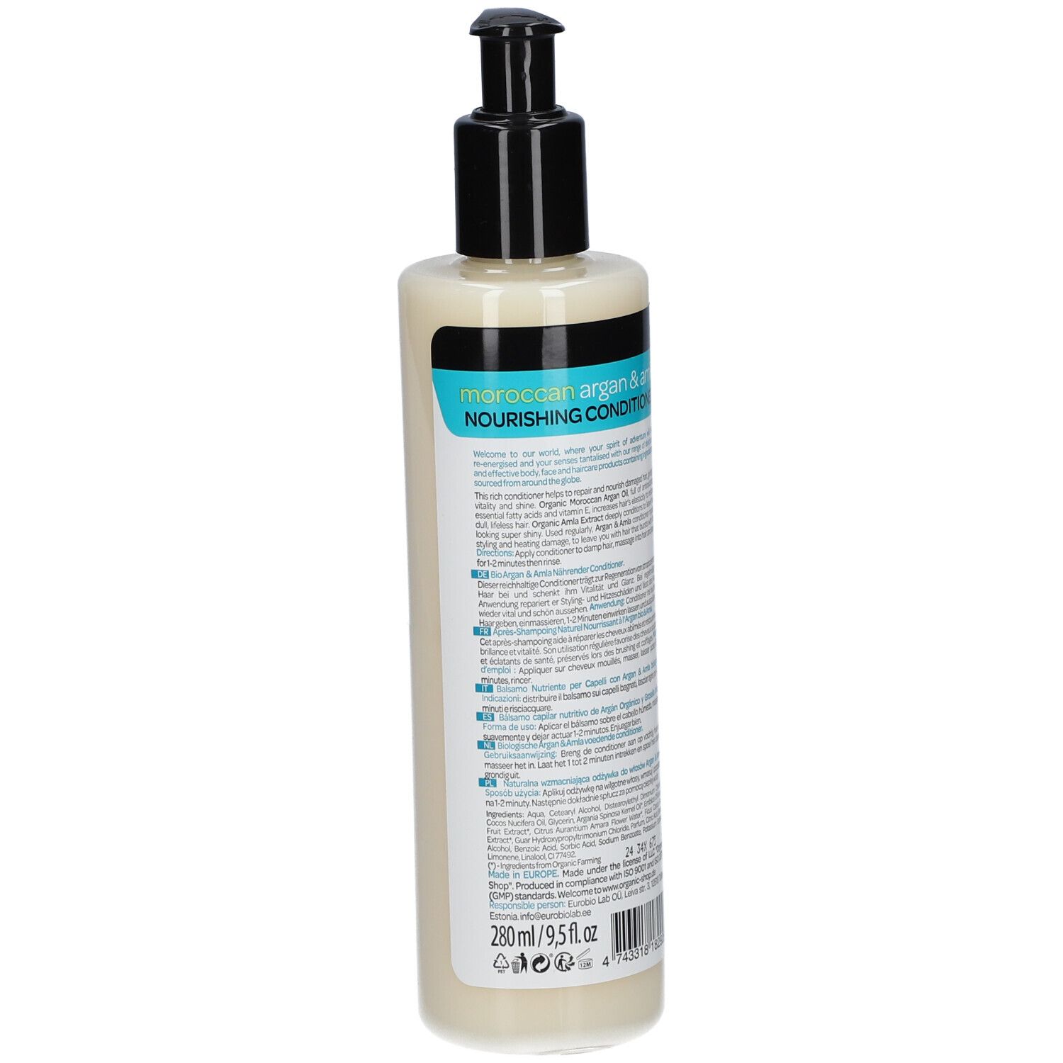 Rückseite der Conditioner-Flasche. Text mit Produktinformationen. Schwarzer Pumpverschluss. Aufschrift: 280 ml / 9,5 fl oz.