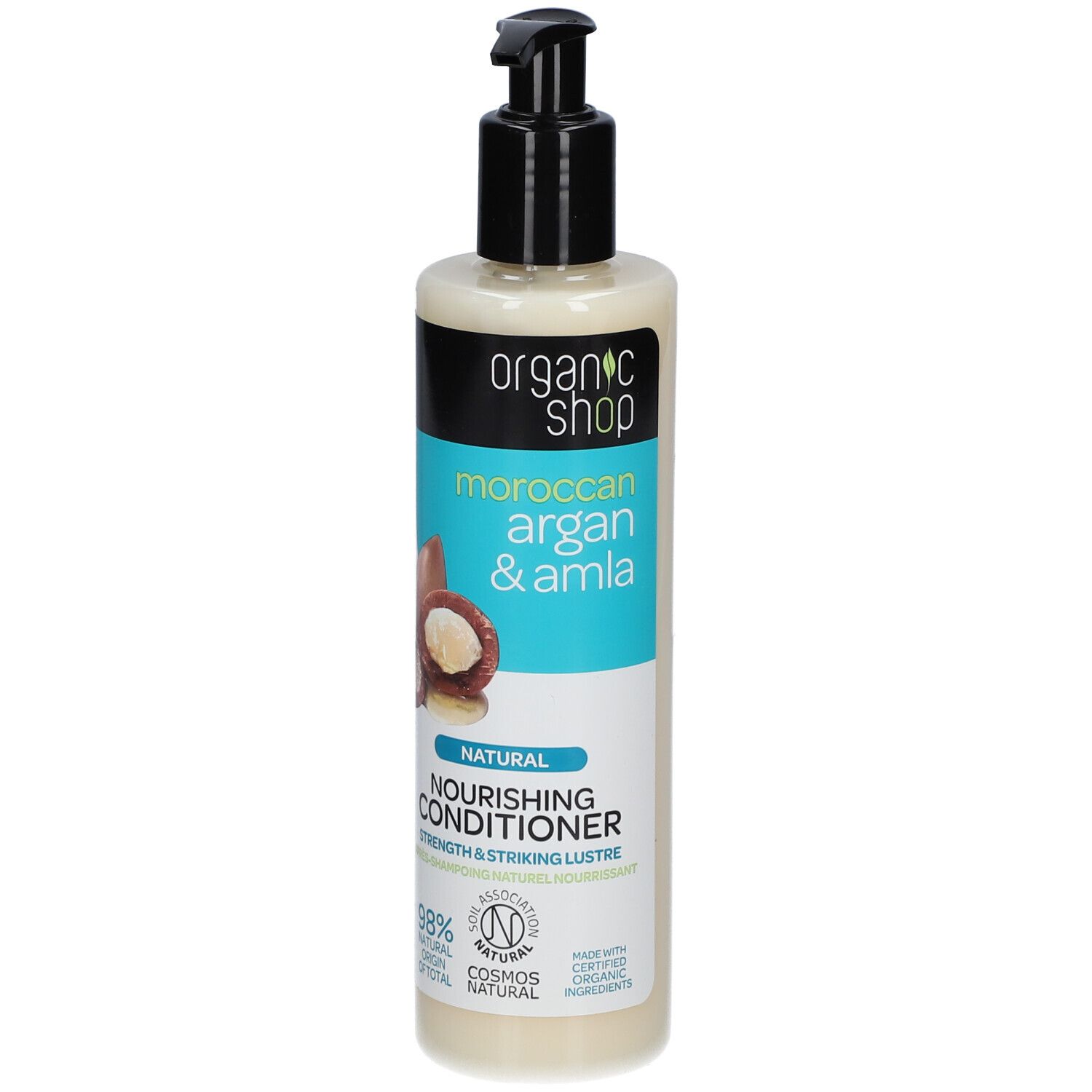 Flasche mit Conditioner. Schwarzer Pumpverschluss. Aufschrift: Moroccan Argan & Amla, Natural Nourishing Conditioner. 98% natürliche Inhaltsstoffe.
