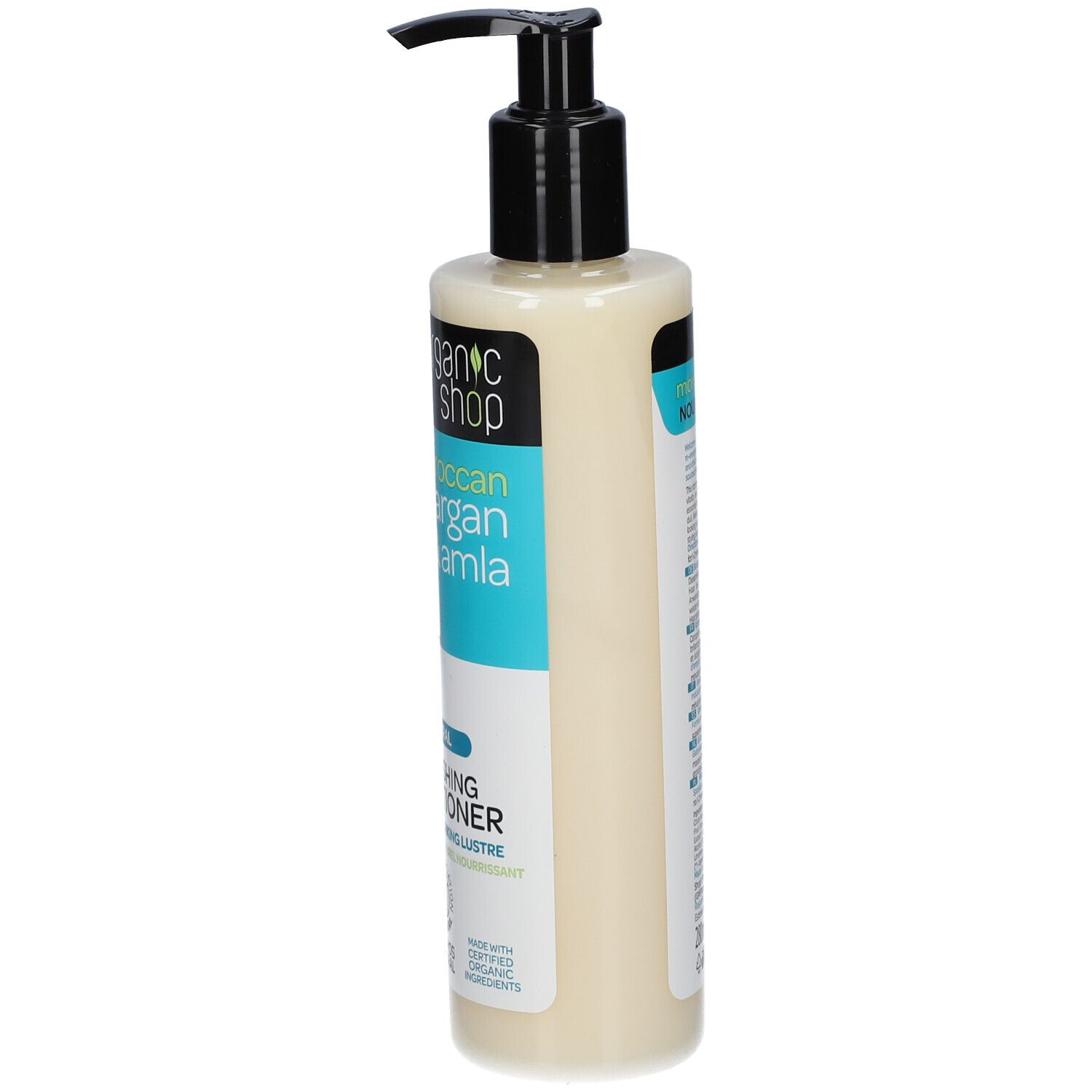 Flasche mit Conditioner. Schwarzer Pumpverschluss. Aufschrift: Moroccan Argan & Amla, Nourishing Conditioner. Zertifizierte Inhaltsstoffe.