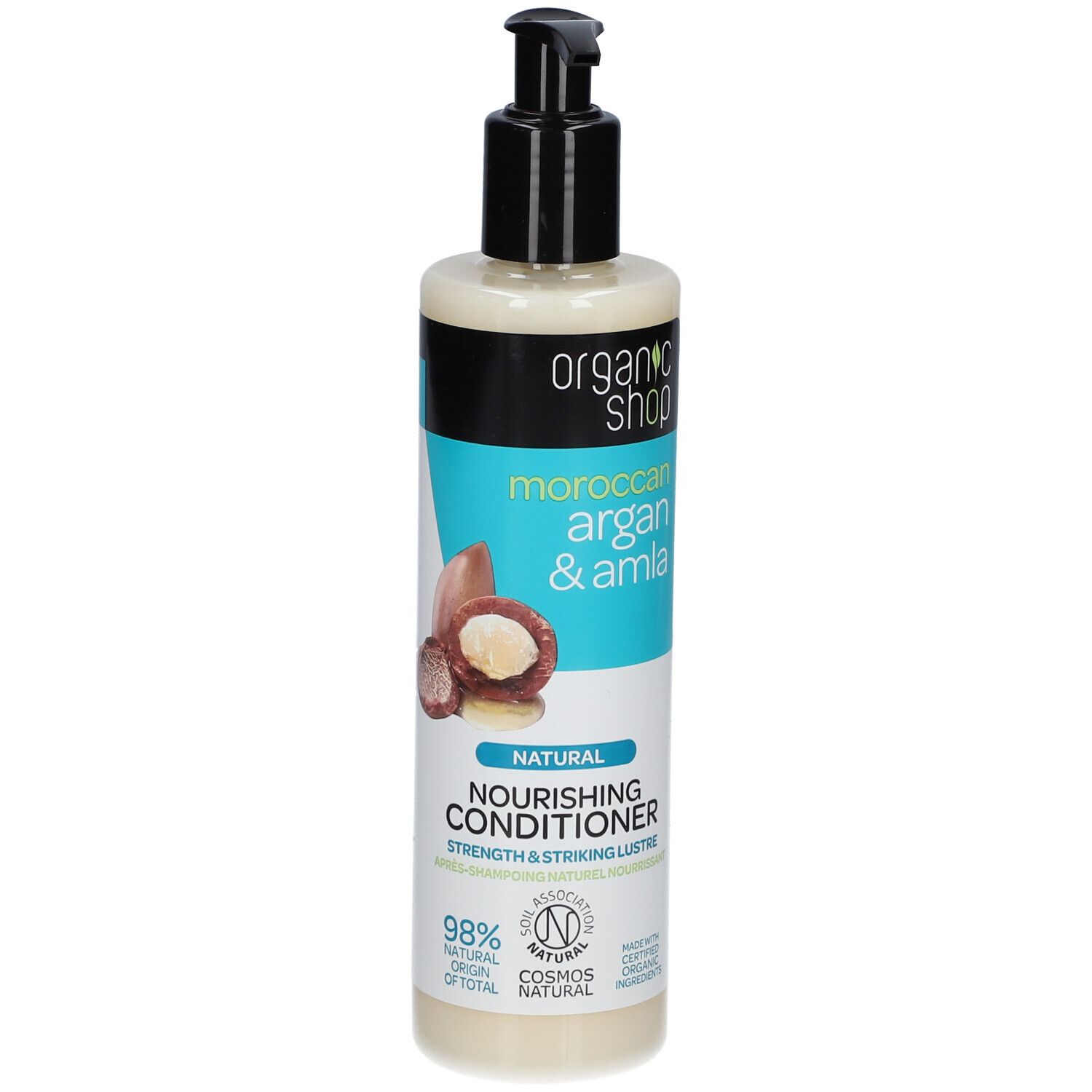 Flasche mit Conditioner. Schwarzer Pumpverschluss. Aufschrift: Moroccan Argan & Amla, Natural Nourishing Conditioner. 98% natürliche Inhaltsstoffe.