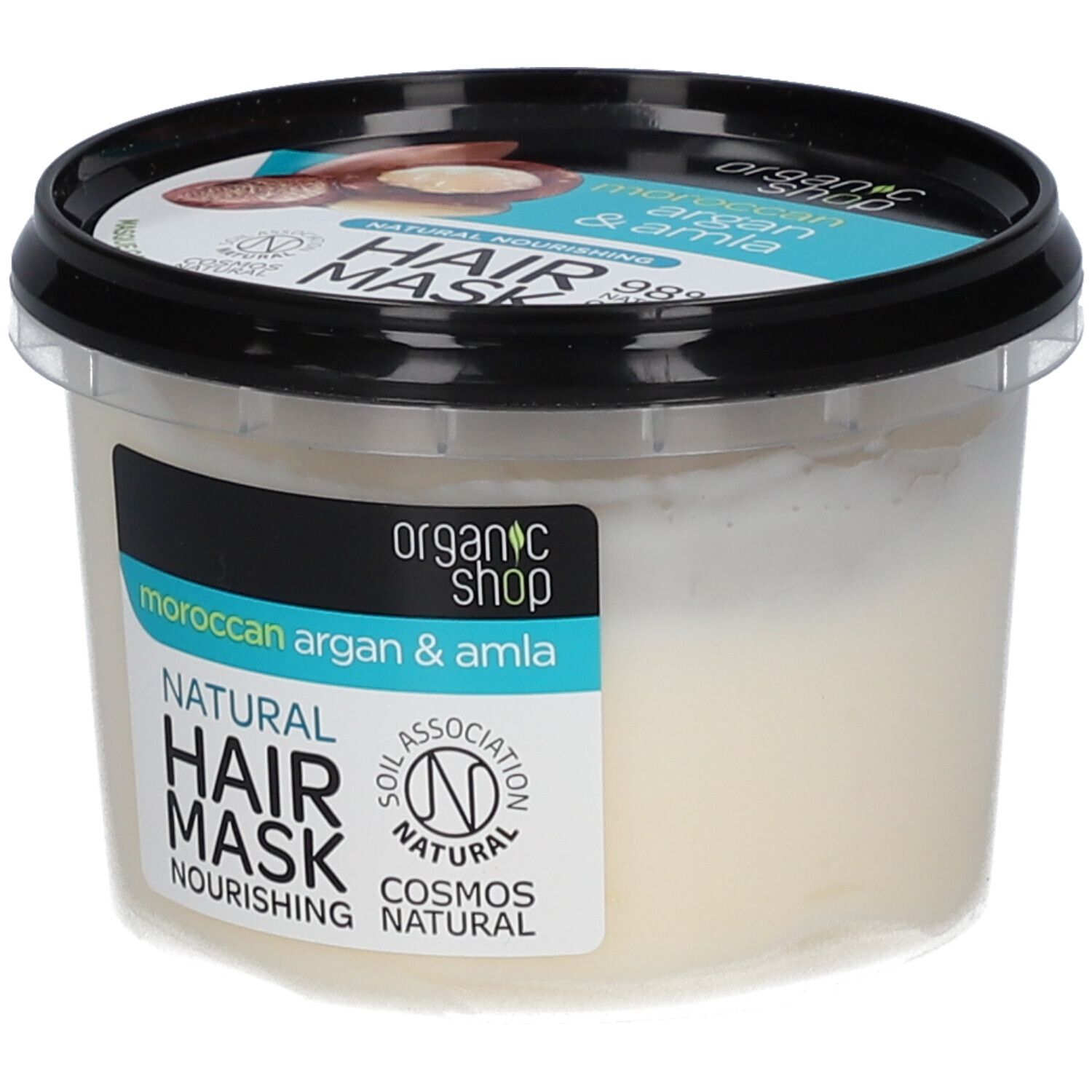 Haarmaske in einem transparenten Behälter mit schwarzem Deckel. Das Etikett zeigt "Moroccan Argan & Amla" und "Natural Hair Mask".
