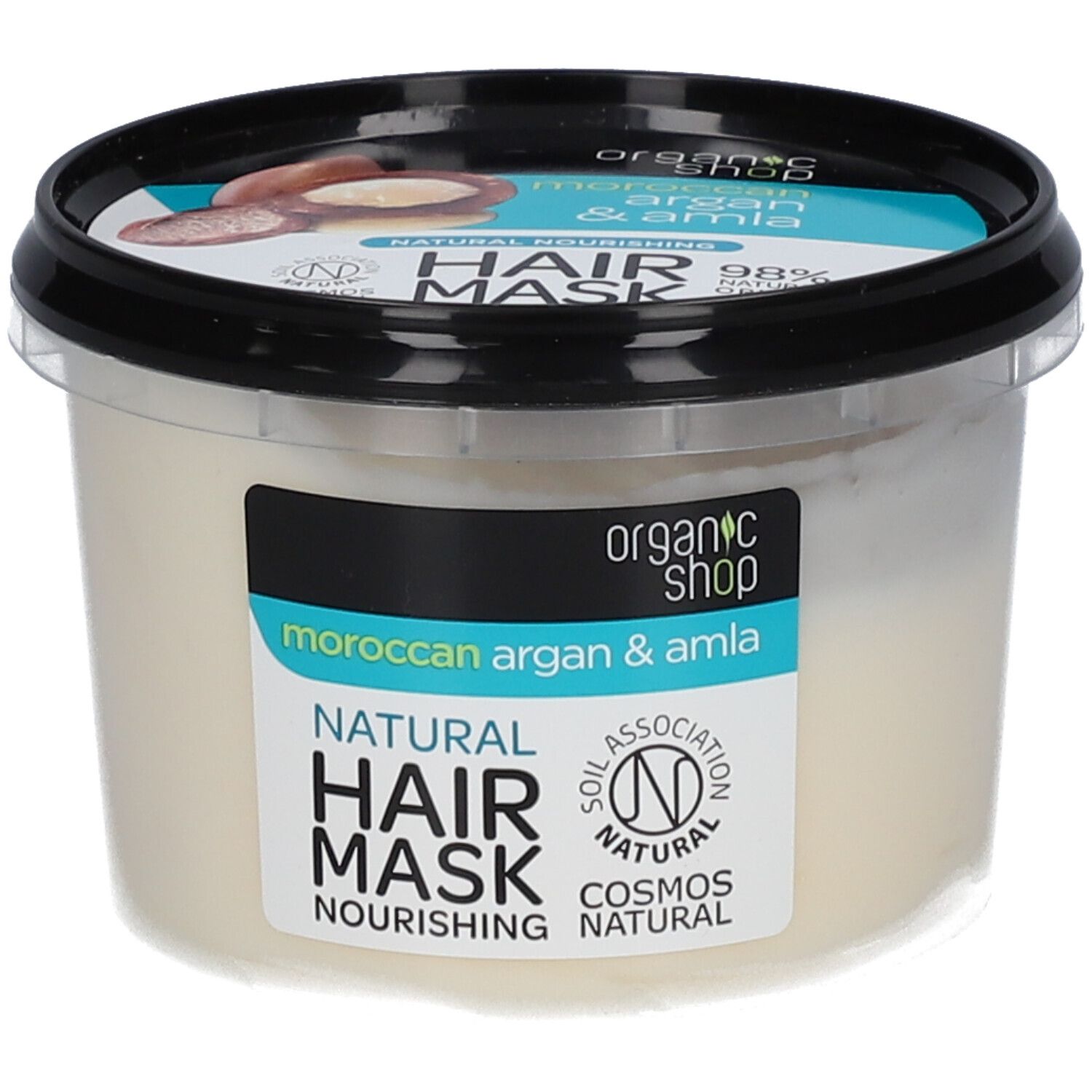 Haarmaske in einem transparenten Behälter mit schwarzem Deckel. Auf dem Etikett steht "Moroccan Argan & Amla" und "Natural Hair Mask".