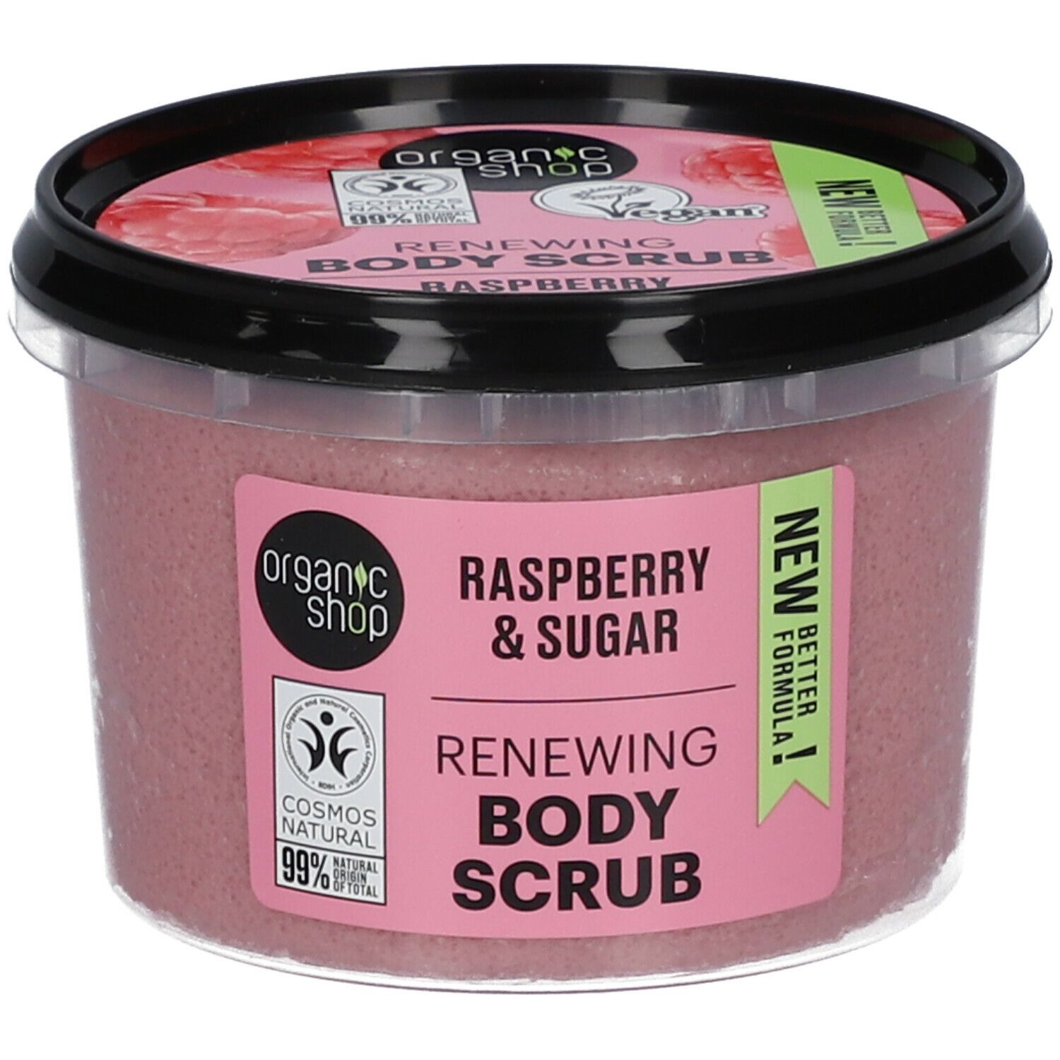 Potje frambozen bodyscrub. Roze scrub met zwarte deksel. Opschrift: Raspberry & Sugar, Renewing Body Scrub.