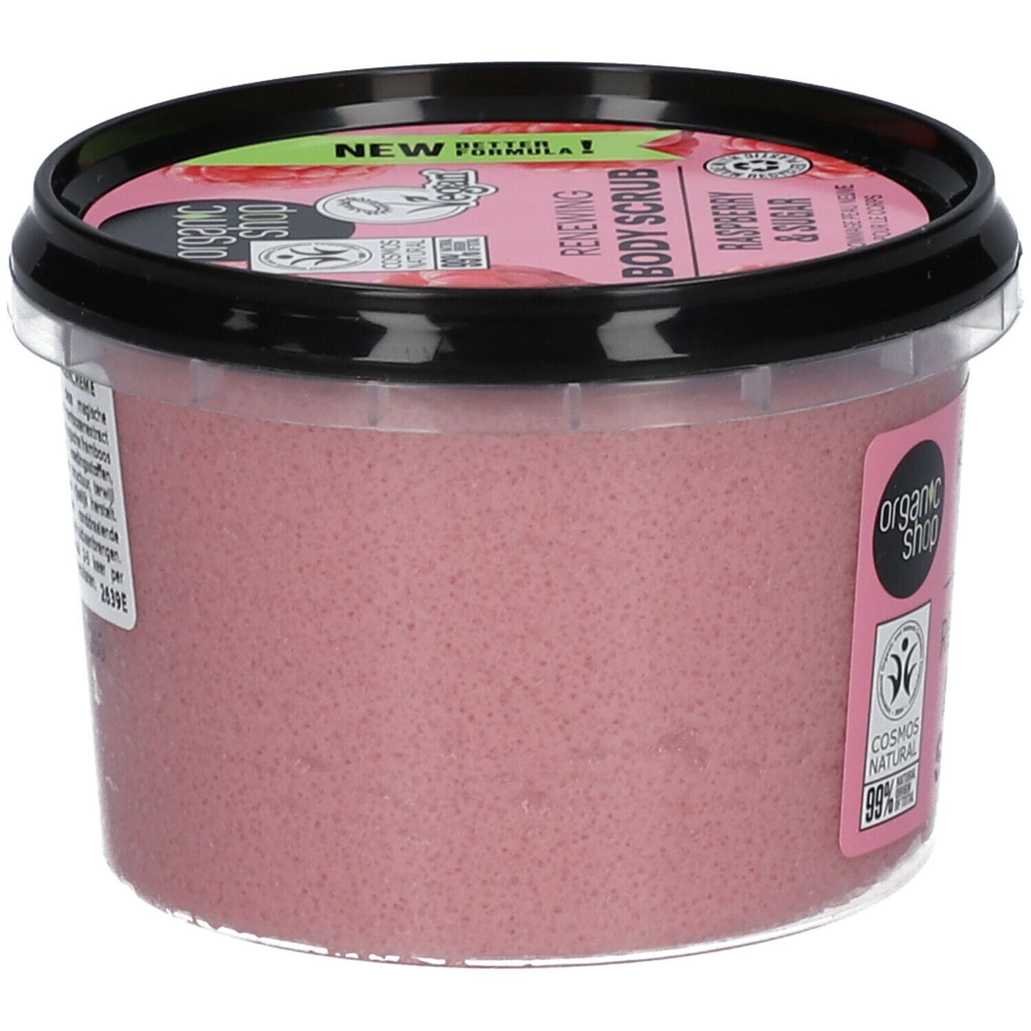 Potje roze bodyscrub. Zwarte deksel. Opschrift: Raspberry & Sugar, Renewing Body Scrub. Cosmos Natural certificering.