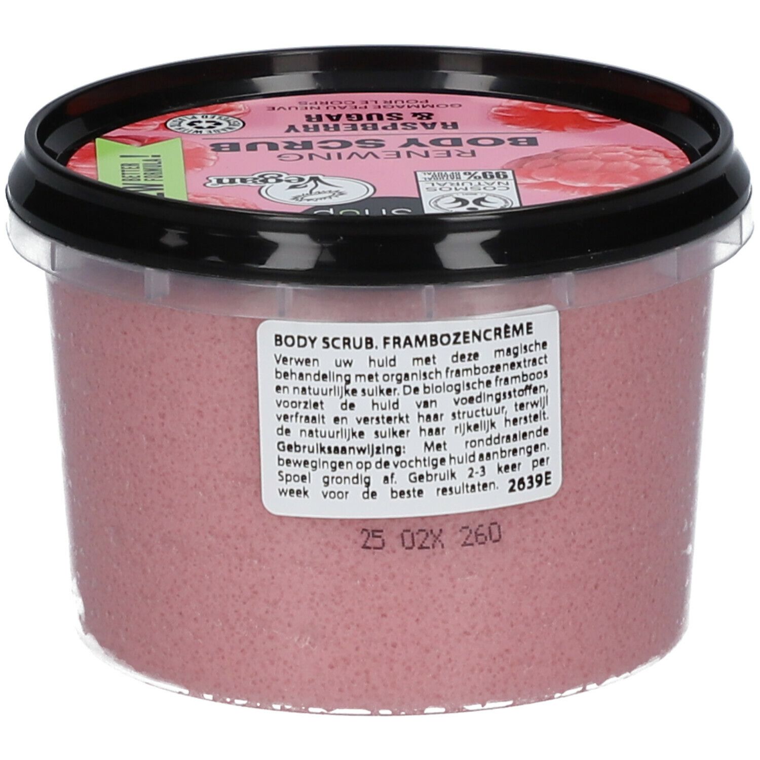Potje frambozen bodyscrub. Roze scrub met zwarte deksel. Tekst in het Nederlands. Cosmos Natural certificering.