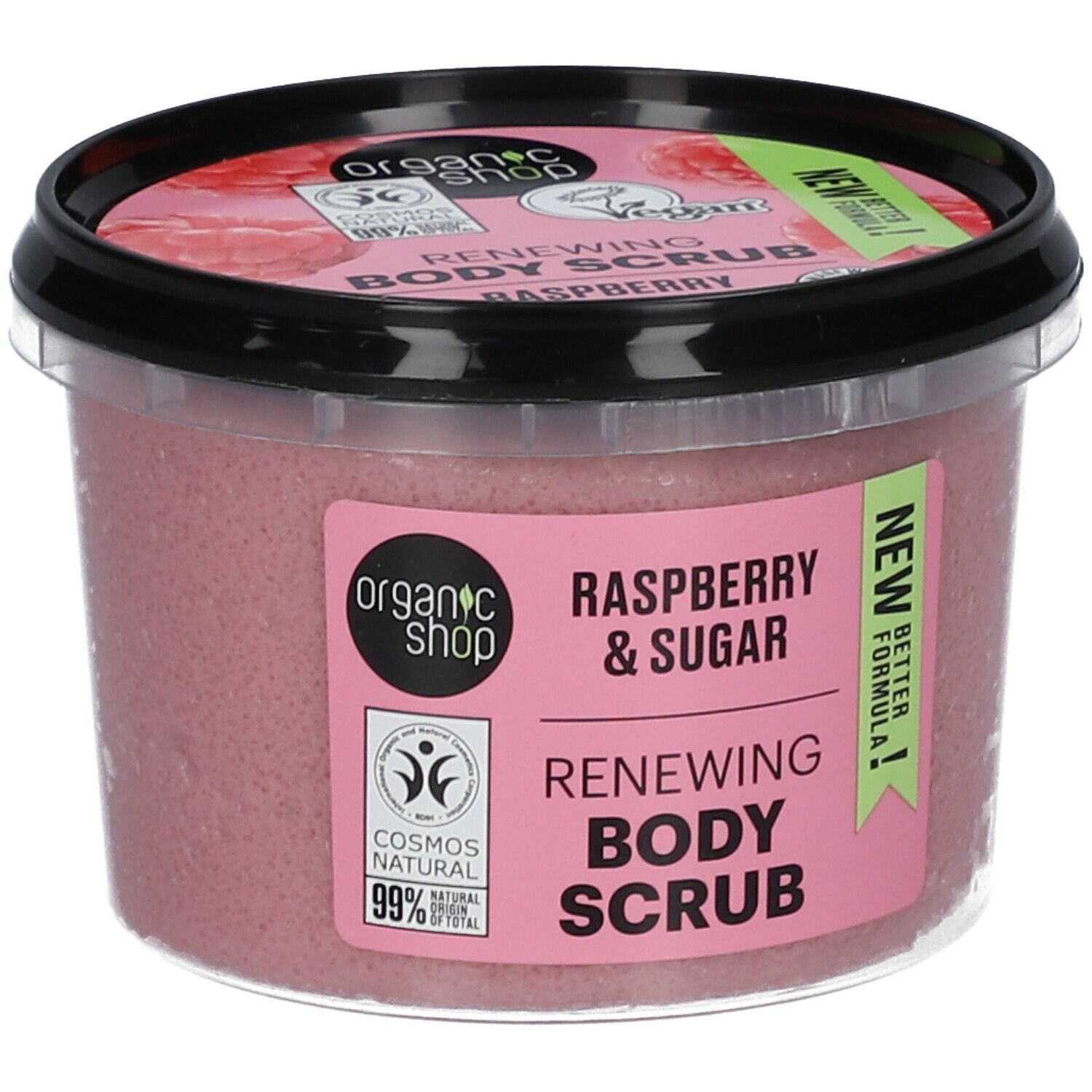 Potje frambozen bodyscrub. Roze scrub met zwarte deksel. Opschrift: Raspberry & Sugar, Renewing Body Scrub.