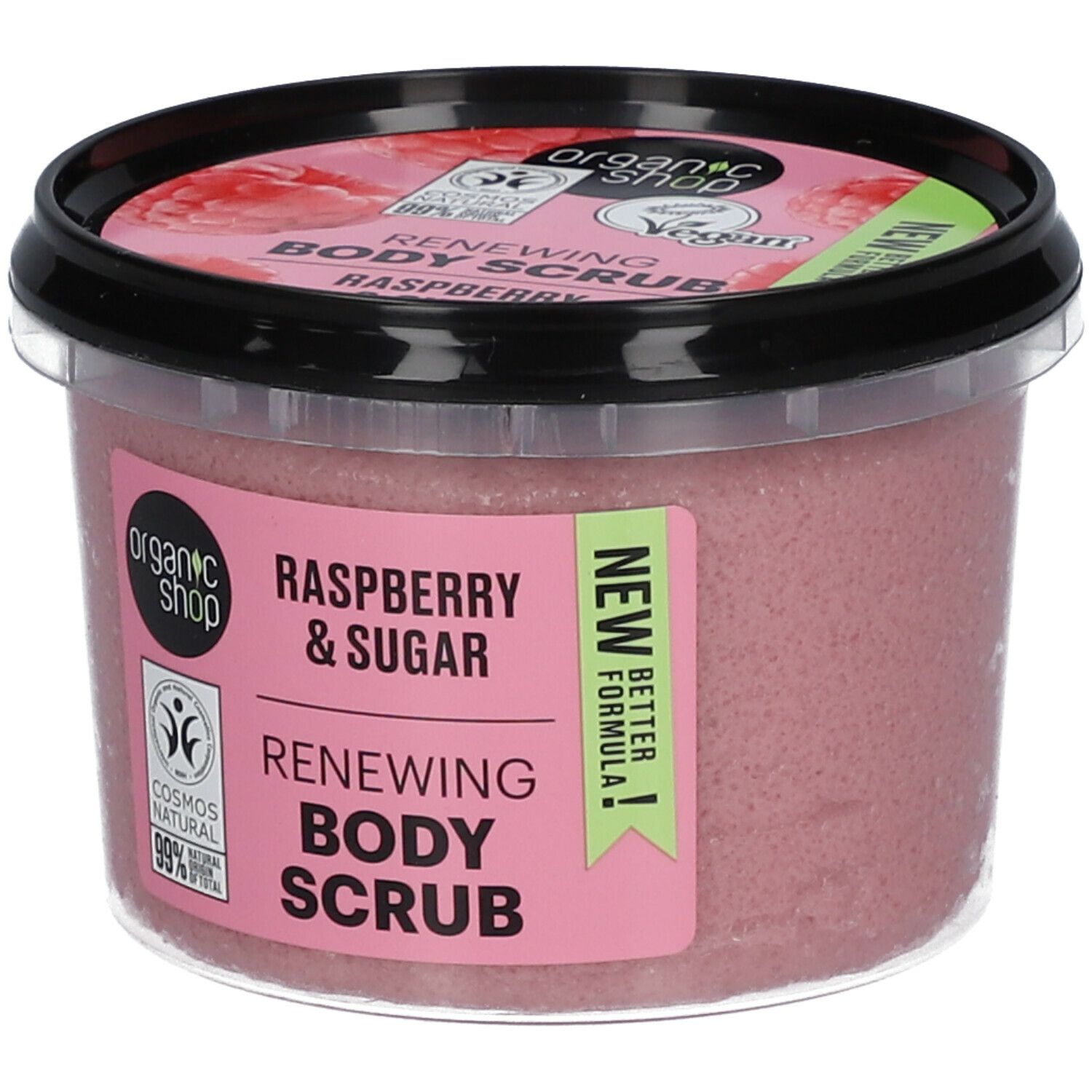 Potje frambozen bodyscrub. Roze scrub met zwarte deksel. Opschrift: Raspberry & Sugar, Renewing Body Scrub.
