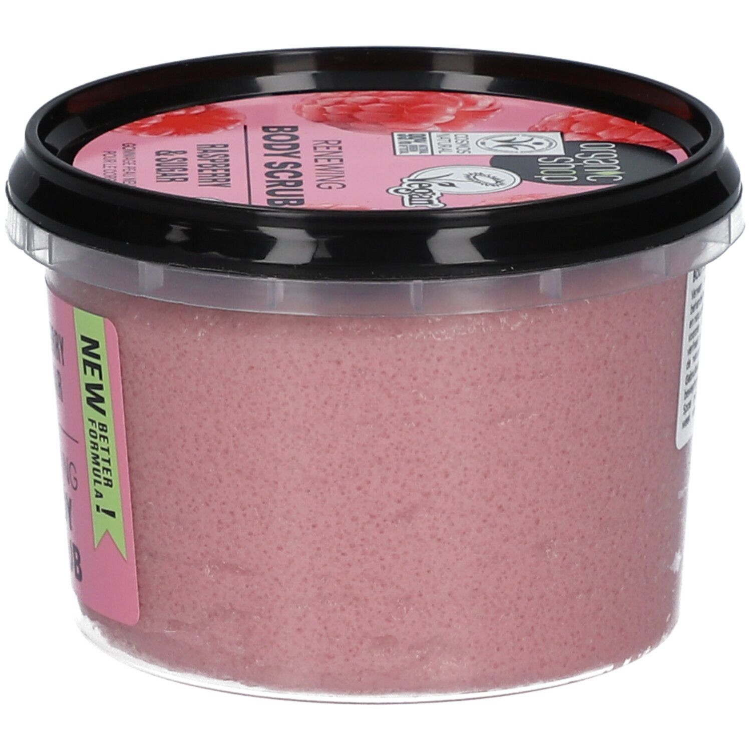 Potje roze bodyscrub. Zwarte deksel. Opschrift: Raspberry & Sugar, Renewing Body Scrub. Vegan logo.