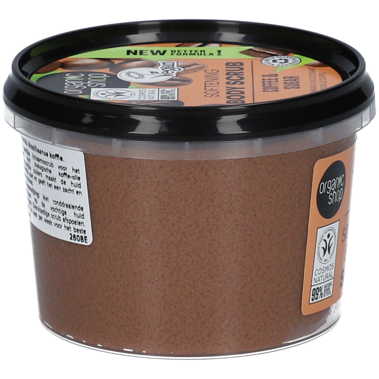 Behälter mit Körperpeeling. Aufschrift: Coffee & Sugar, Softening Body Scrub. Vegan, Cosmos Natural.