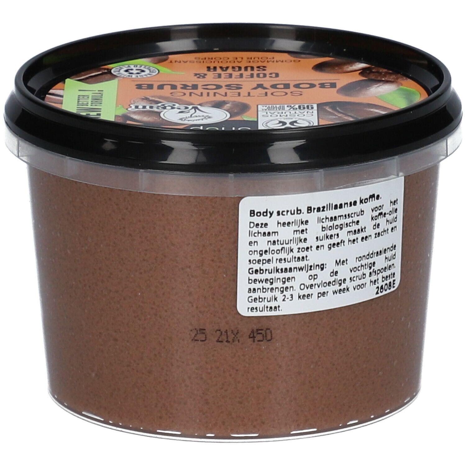 Behälter mit Körperpeeling. Aufschrift: Coffee & Sugar, Softening Body Scrub. Vegan, Cosmos Natural.
