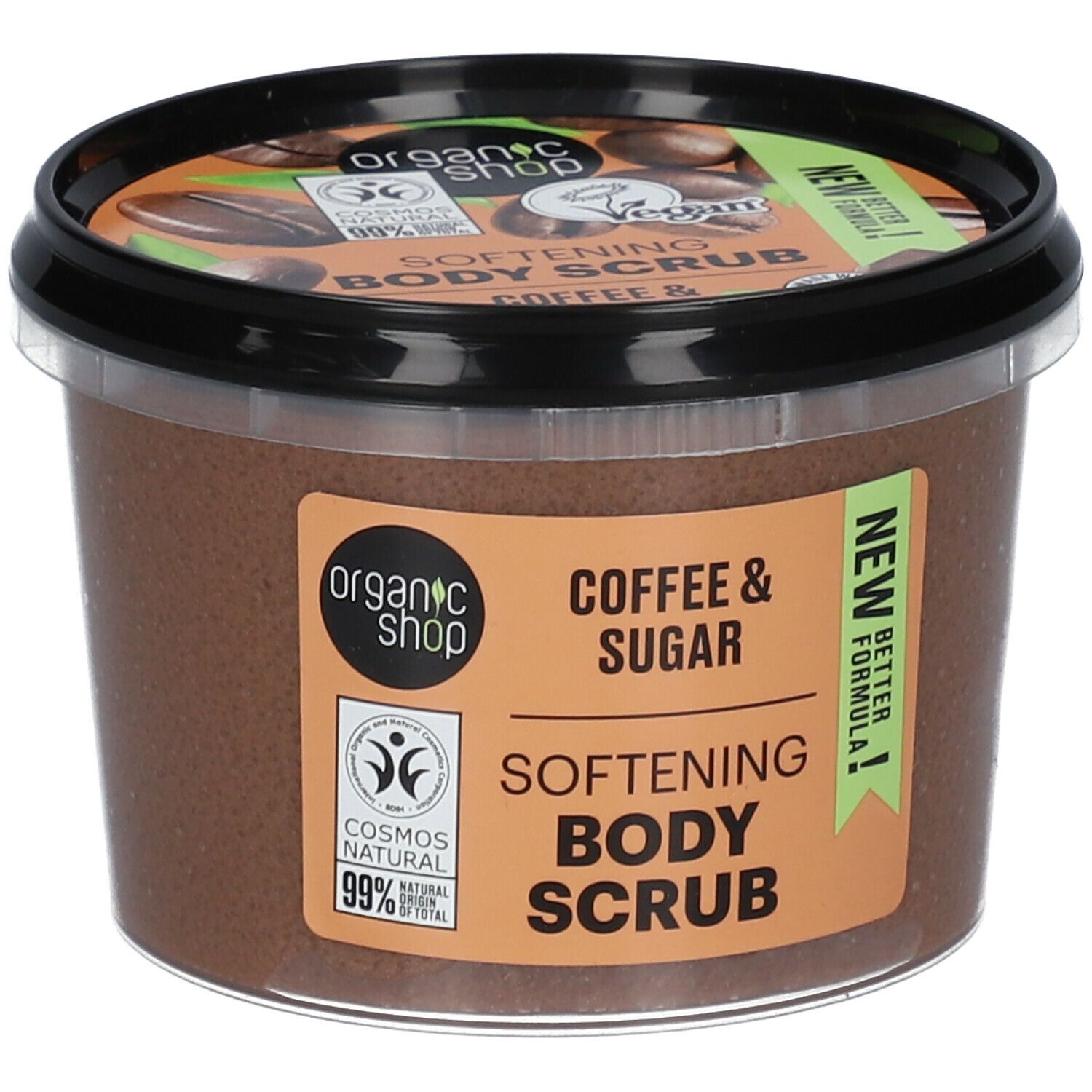 Behälter mit Körperpeeling. Aufschrift: Coffee & Sugar, Softening Body Scrub. Vegan, Cosmos Natural.