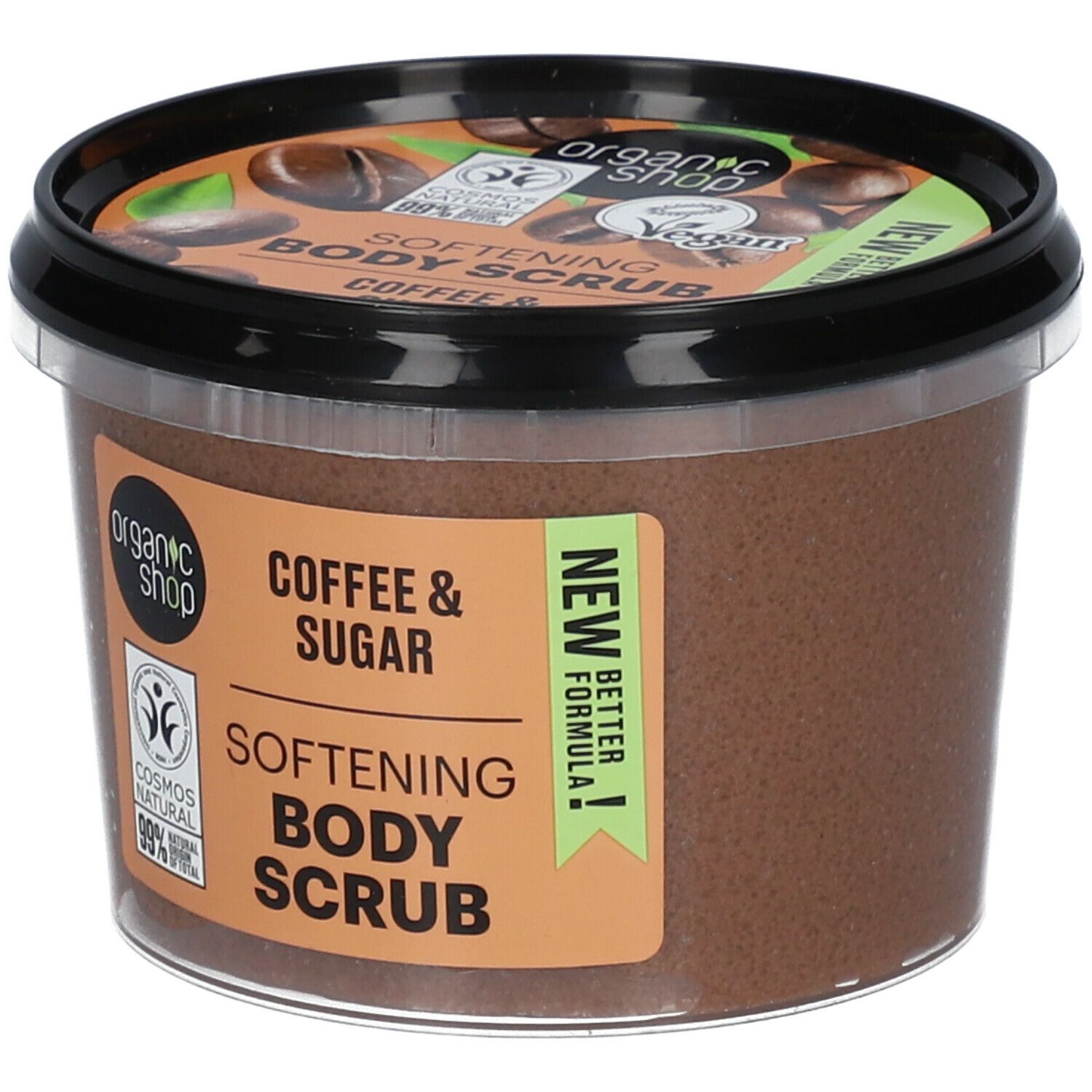Behälter mit Körperpeeling. Aufschrift: Coffee & Sugar, Softening Body Scrub. Vegan, Cosmos Natural.