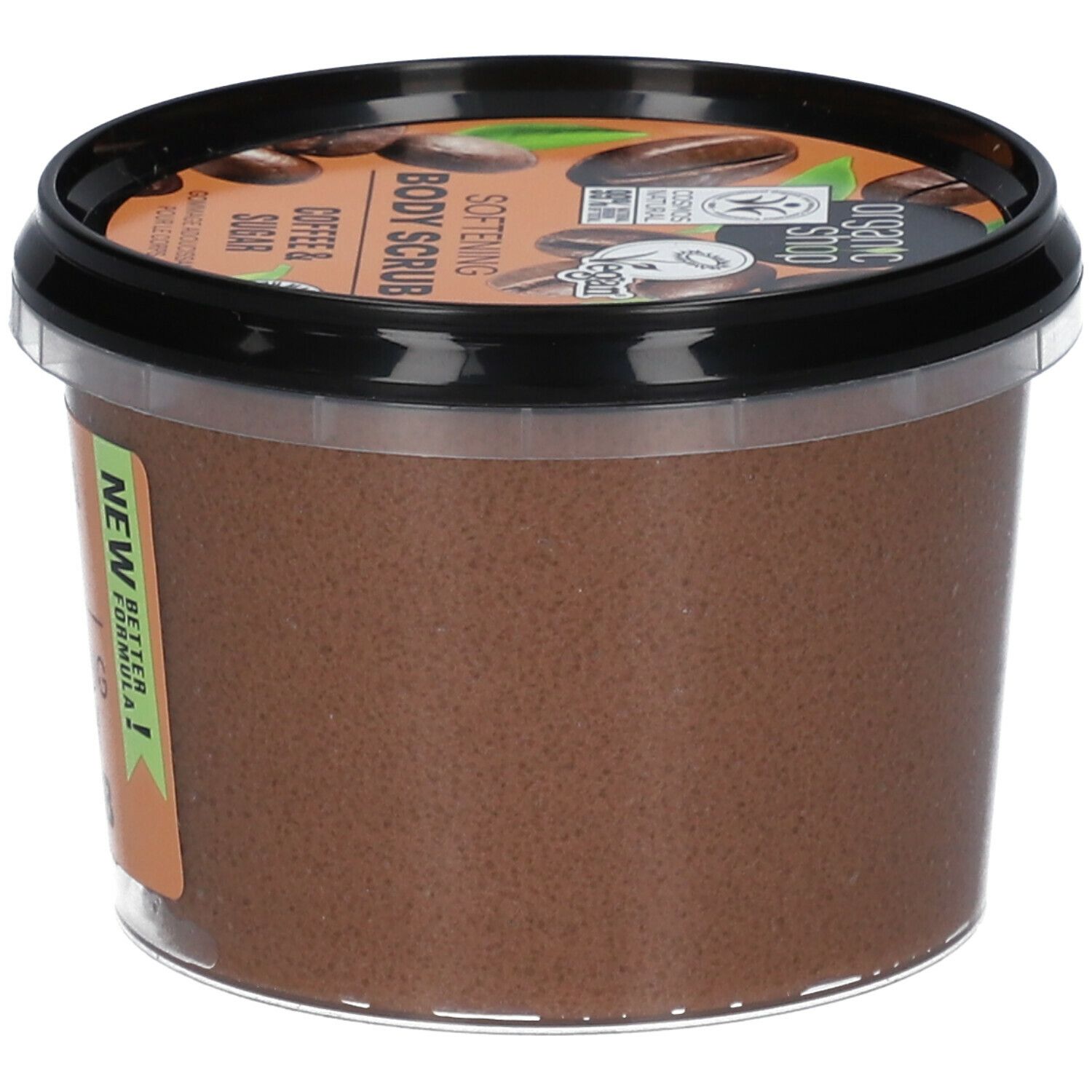 Behälter mit Körperpeeling. Aufschrift: Coffee & Sugar, Softening Body Scrub. Vegan, Cosmos Natural.