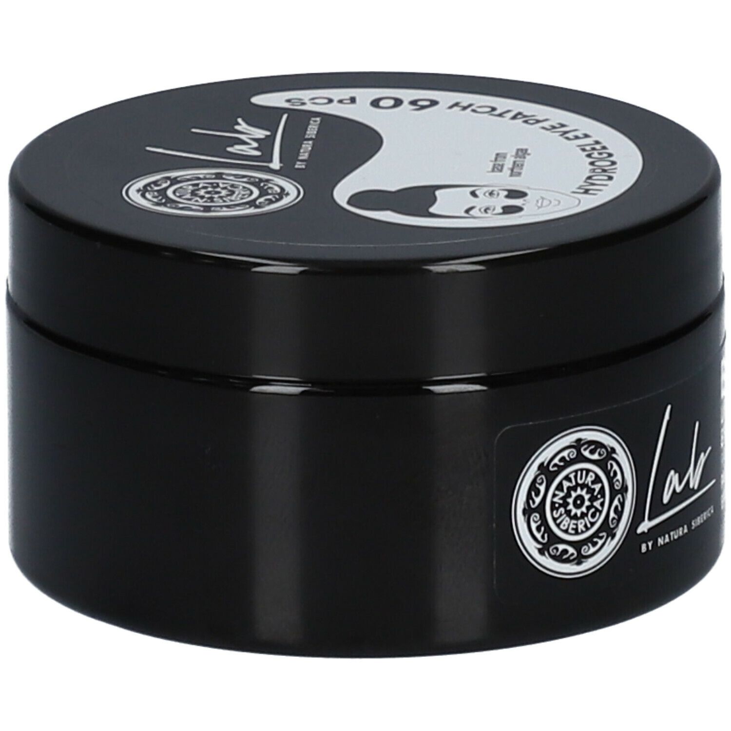 Zwarte pot met witte tekst. Bevat oogpatches. Opschrift: Lab by Natura Siberica, Hydrogel Eye Patch 60 pcs.