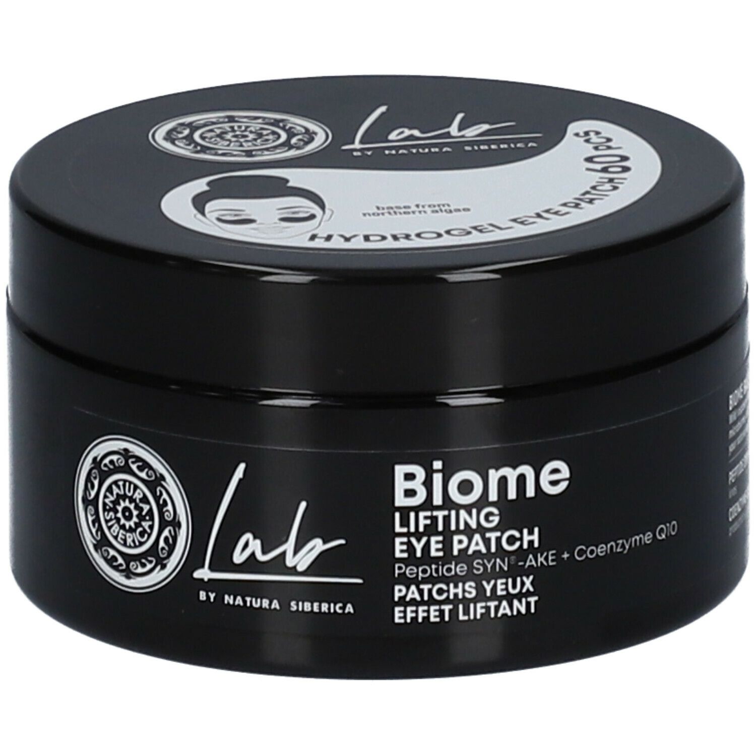 Zwarte pot met witte tekst. Bevat oogpatches. Opschrift: Lab by Natura Siberica, Biome Lifting Eye Patch.