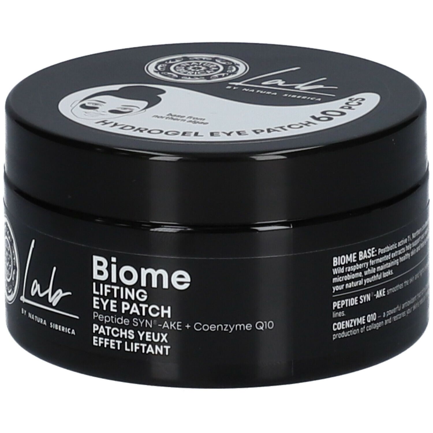 Zwarte pot met witte tekst. Bevat oogpatches. Opschrift: Lab by Natura Siberica, Biome Lifting Eye Patch.