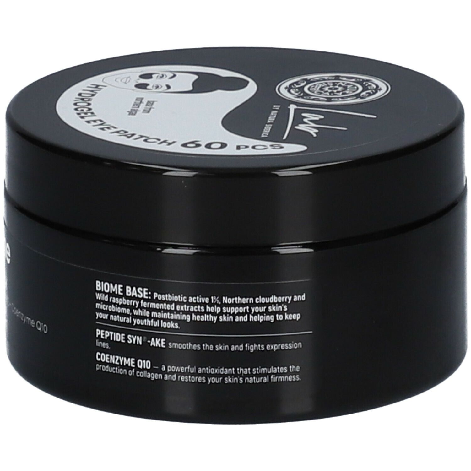 Zwarte pot met witte tekst. Bevat oogpatches. Opschrift: Lab by Natura Siberica, Biome Lifting Eye Patch.