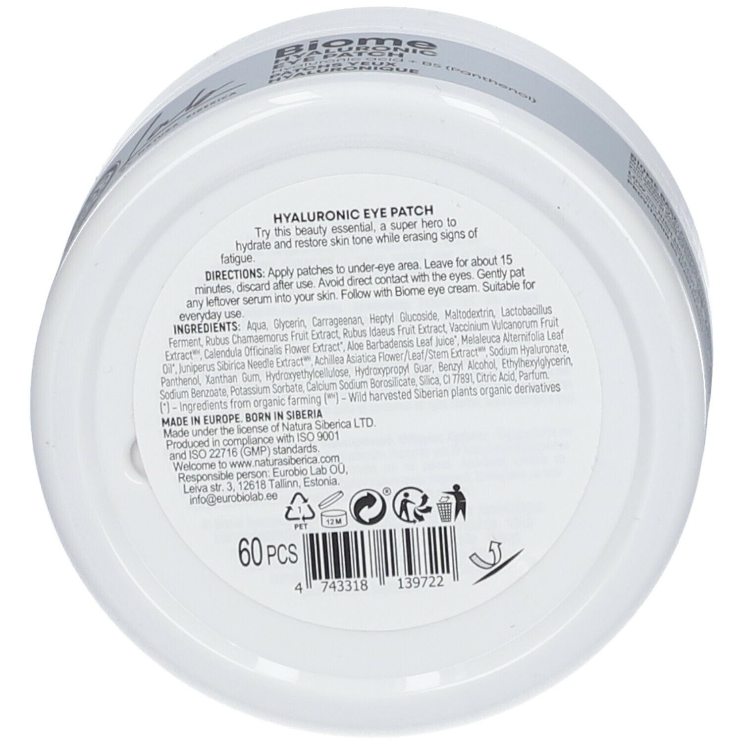 Ronde pot, onderkant. Tekst met ingrediënten, gebruiksaanwijzing en fabrikantinfo. Opschrift: 60 PCS.