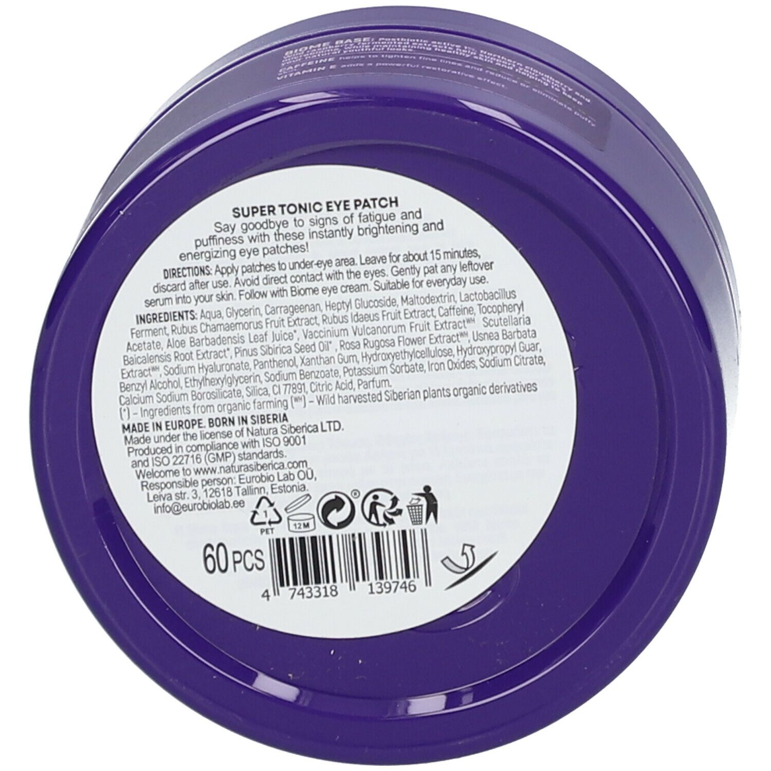 Rückseite der violetten Dose. Aufkleber mit Text: SUPER TONIC EYE PATCH, Inhaltsstoffe, Anwendungshinweise, Herstellerinformationen, 60 Stück.