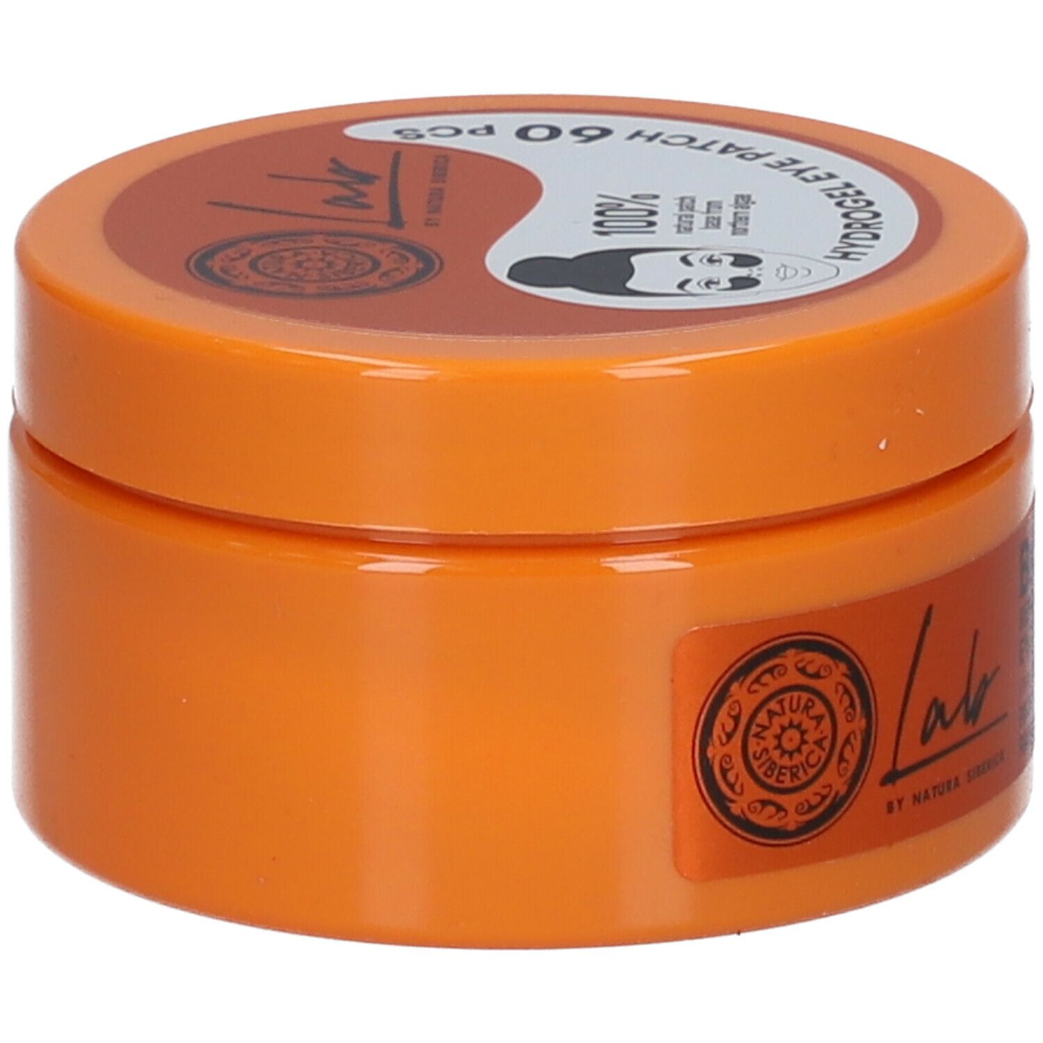 Orangefarbener Tiegel mit Deckel. Aufschrift 'Lab by Natura Siberica'. Text: 'Hydrogel Eye Patch 60 pcs'.